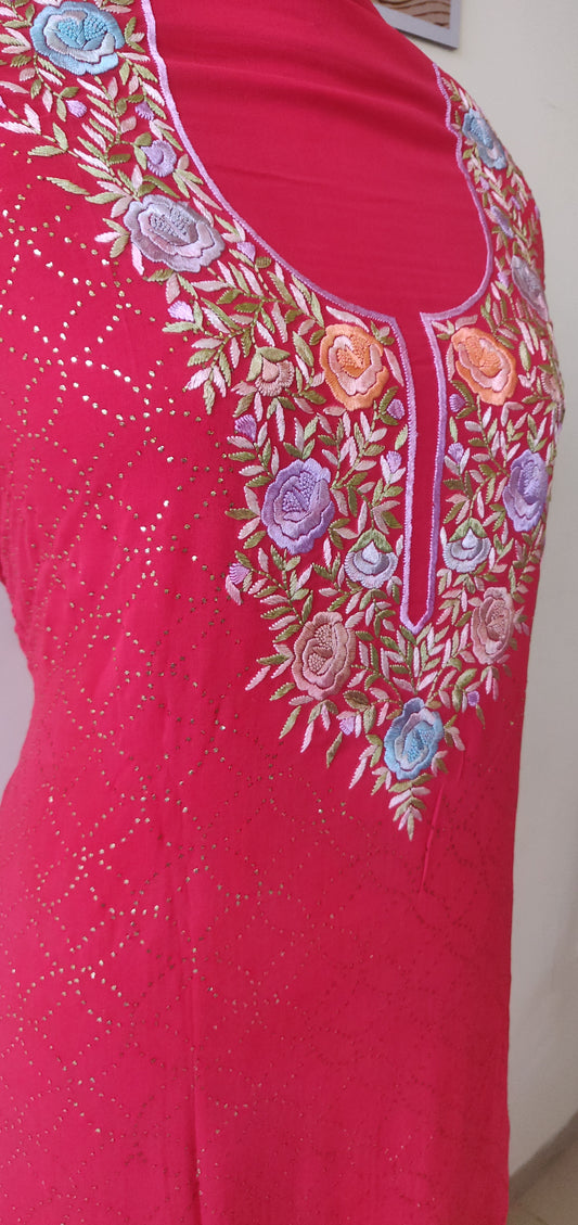 Coral Parsi Gara & Allover Mukaish Kurta and Dupatta Set