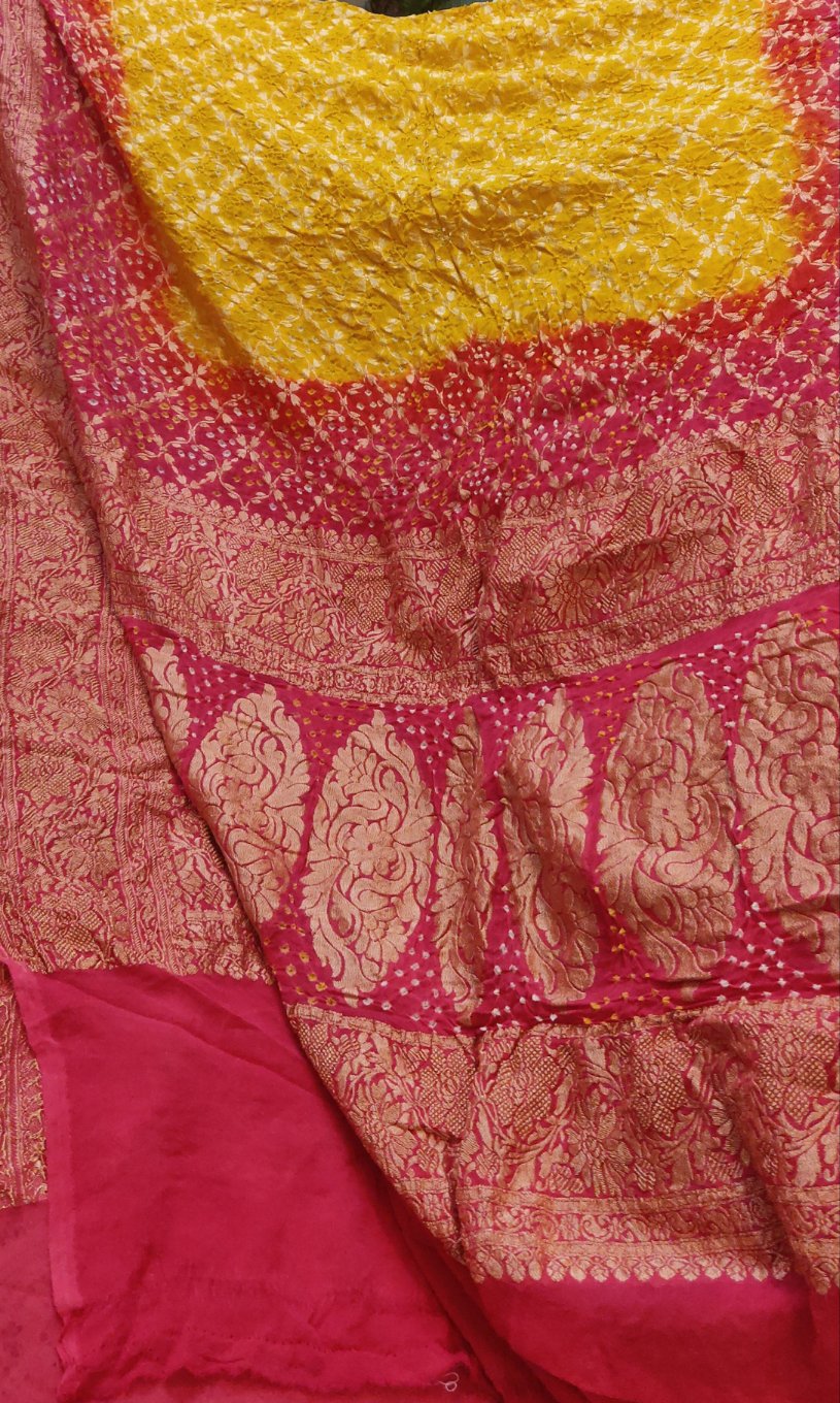 Yellow and Coral Pink Banarasi Bandhej Dupatta
