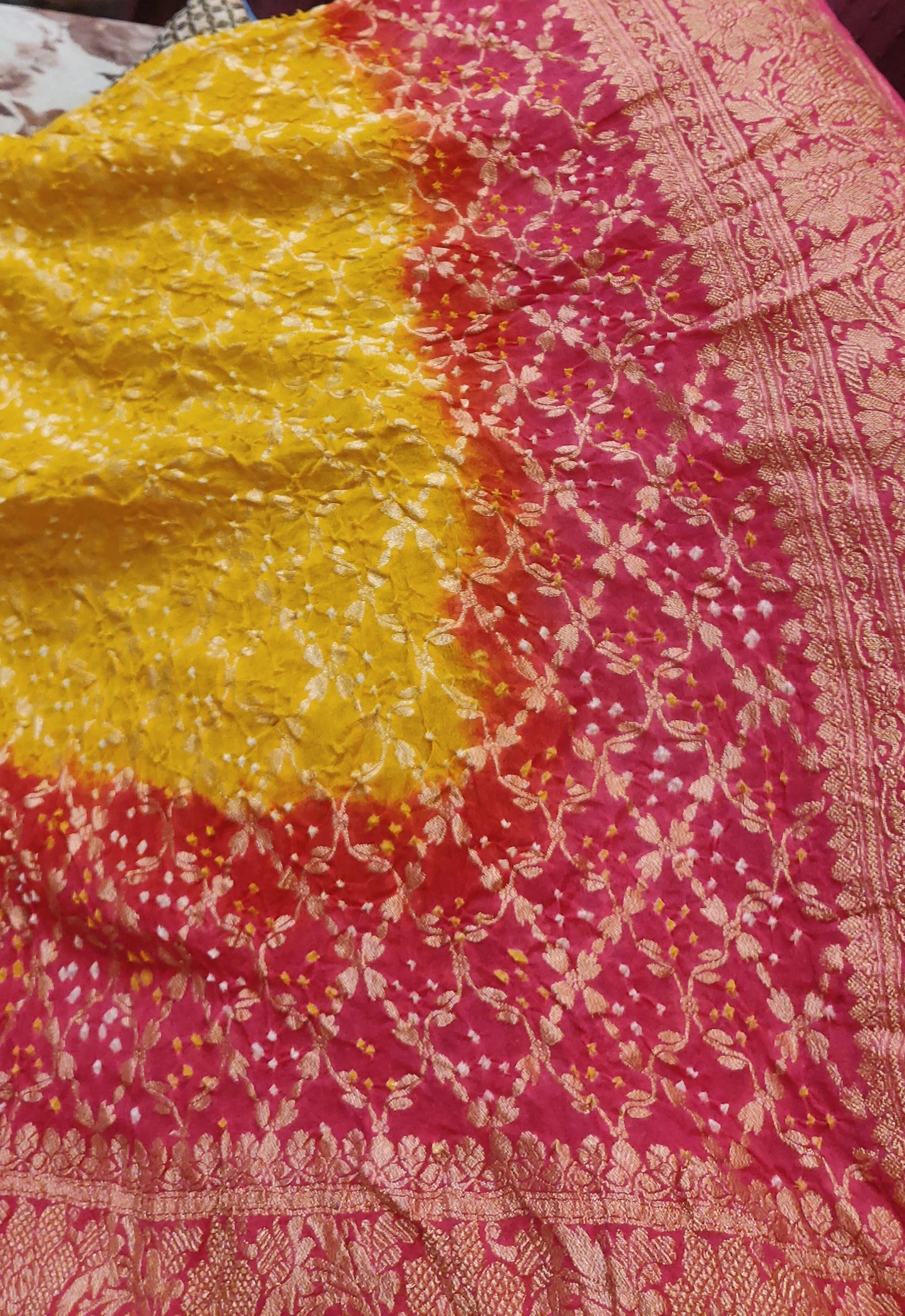 Yellow and Coral Pink Banarasi Bandhej Dupatta