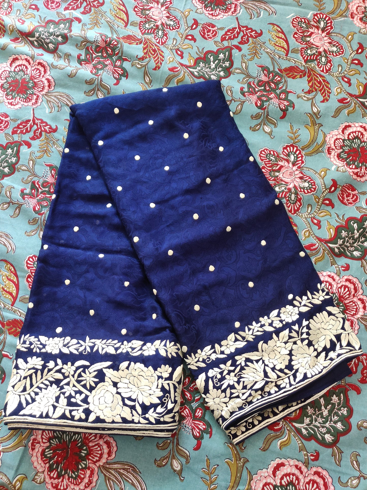 Navy Blue Jacquard Saree with Parsi Gara hand embroidery