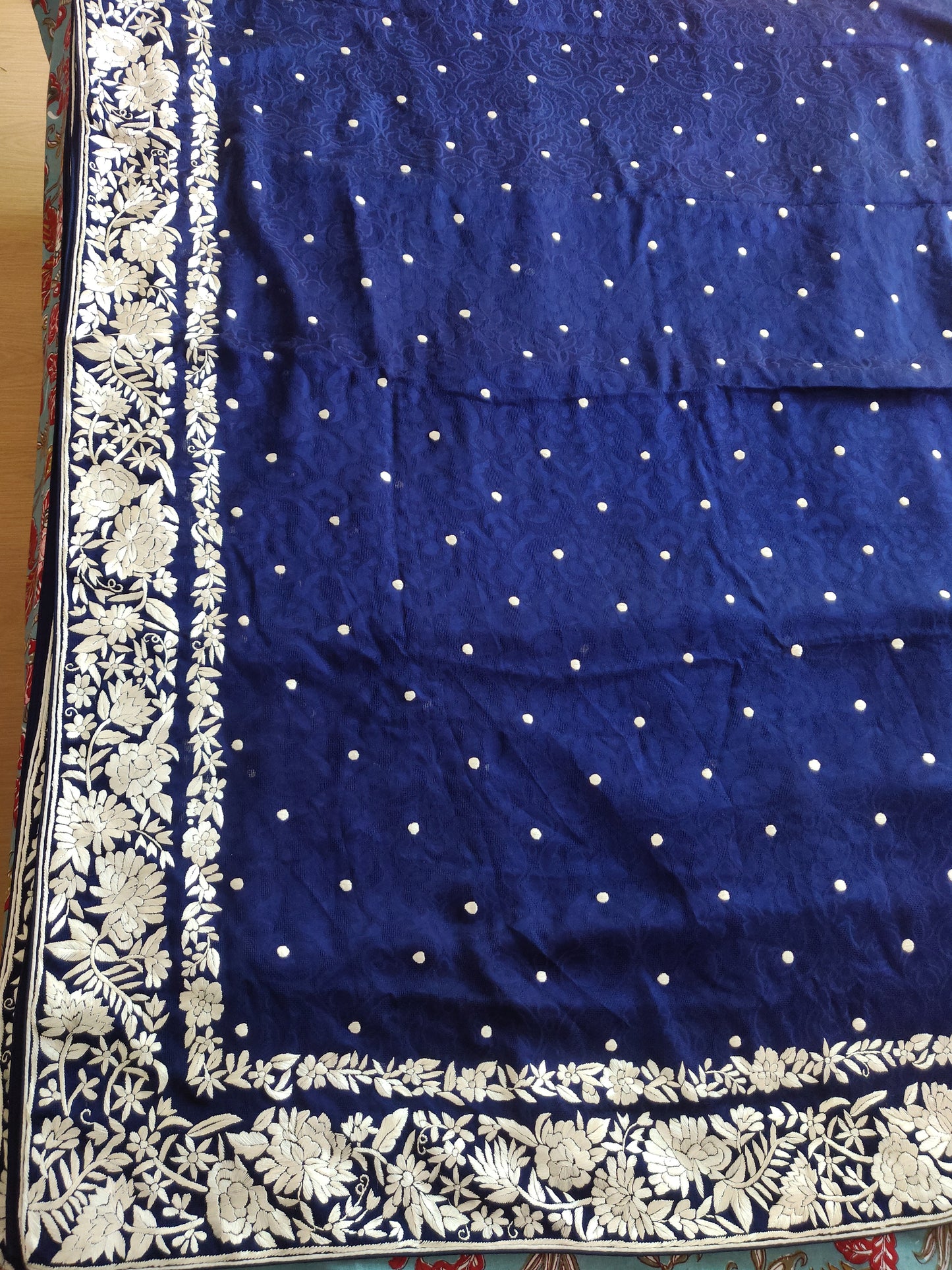 Navy Blue Jacquard Saree with Parsi Gara hand embroidery