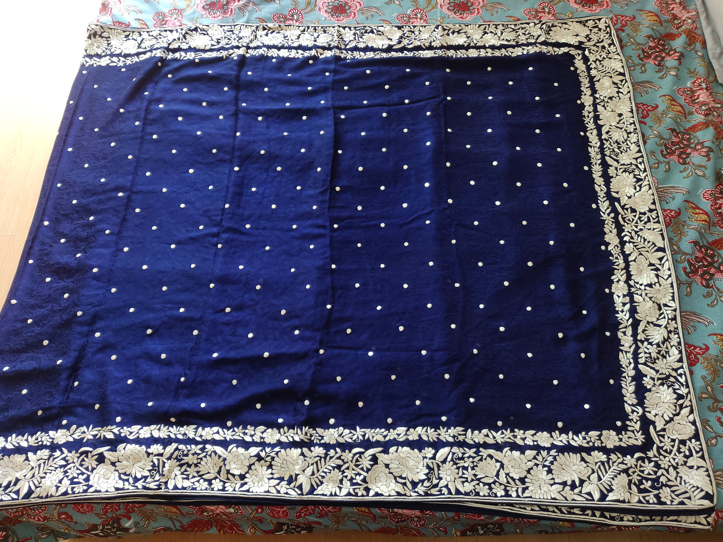 Navy Blue Jacquard Saree with Parsi Gara hand embroidery