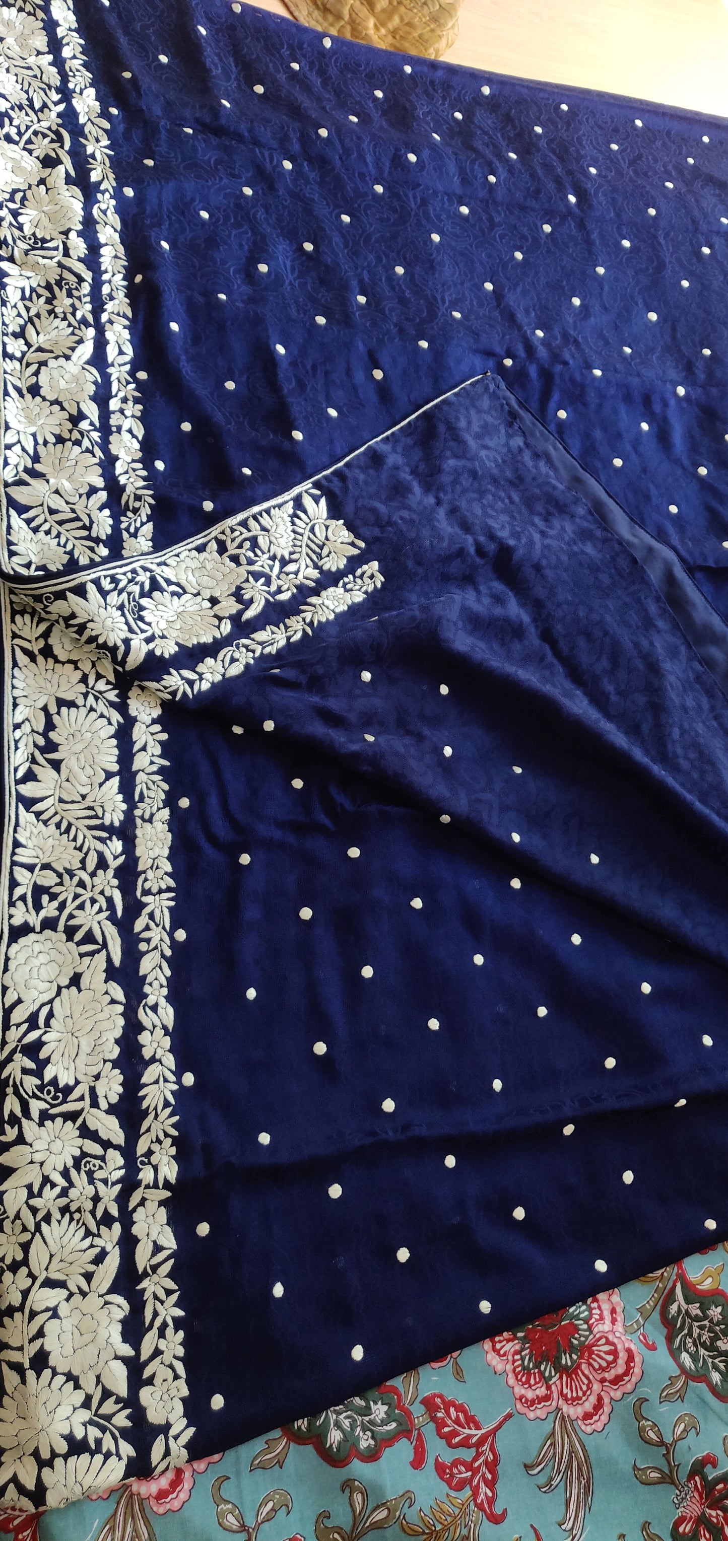 Navy Blue Jacquard Saree with Parsi Gara hand embroidery