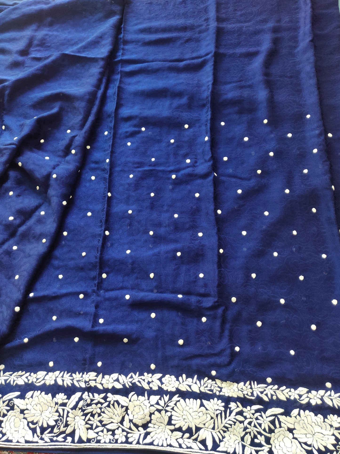 Navy Blue Jacquard Saree with Parsi Gara hand embroidery