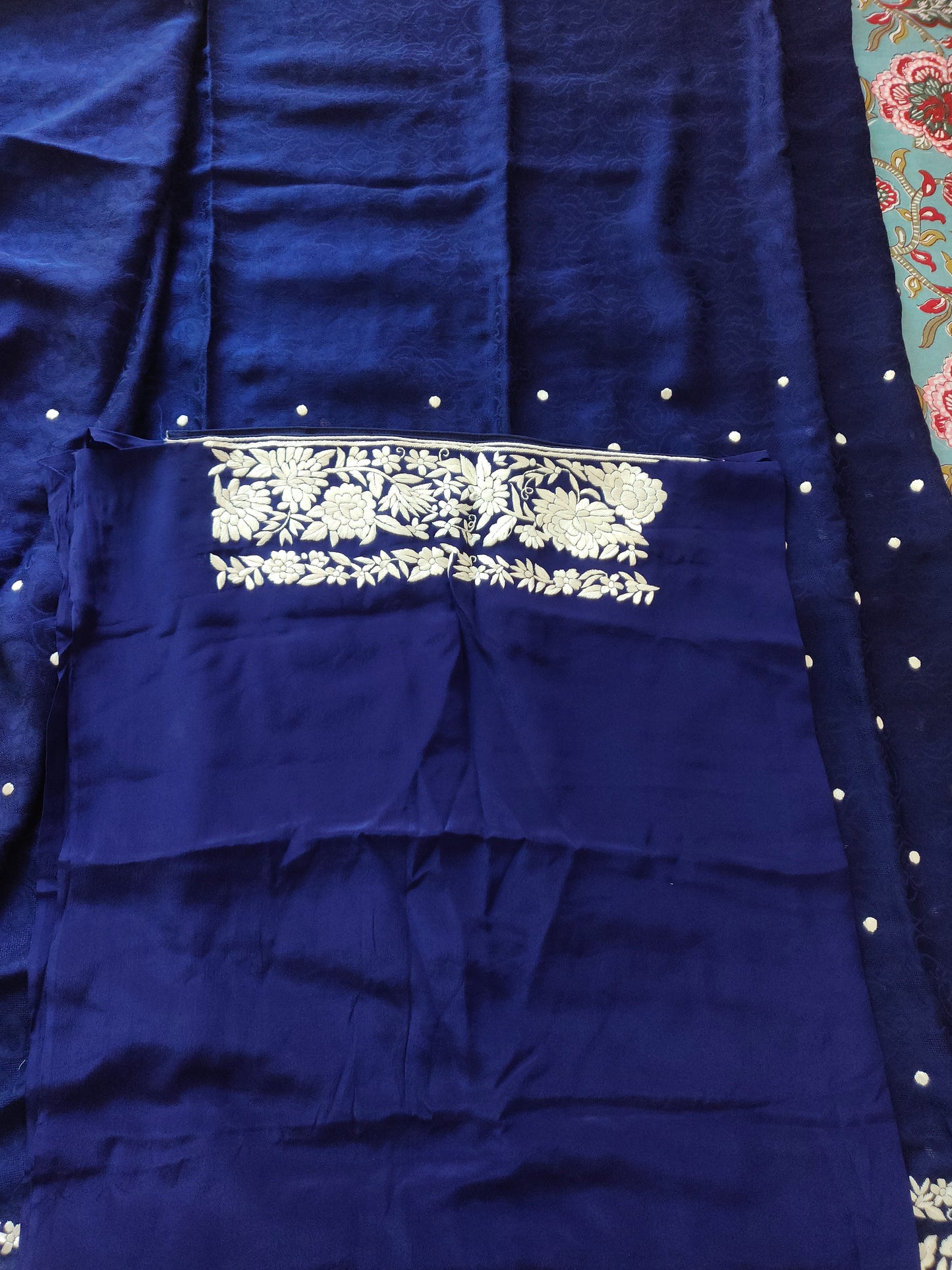 Navy Blue Jacquard Saree with Parsi Gara hand embroidery