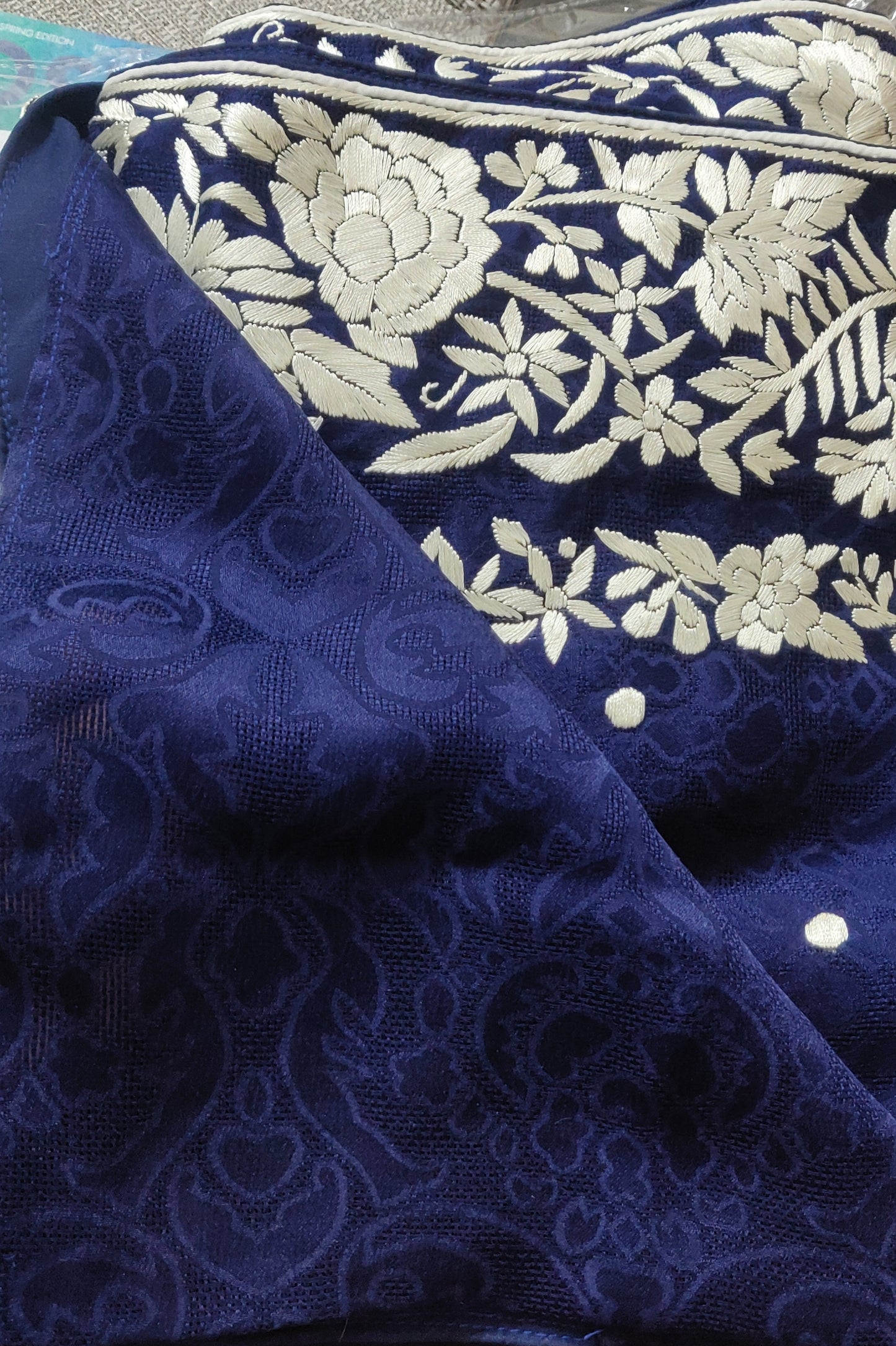 Navy Blue Jacquard Saree with Parsi Gara hand embroidery