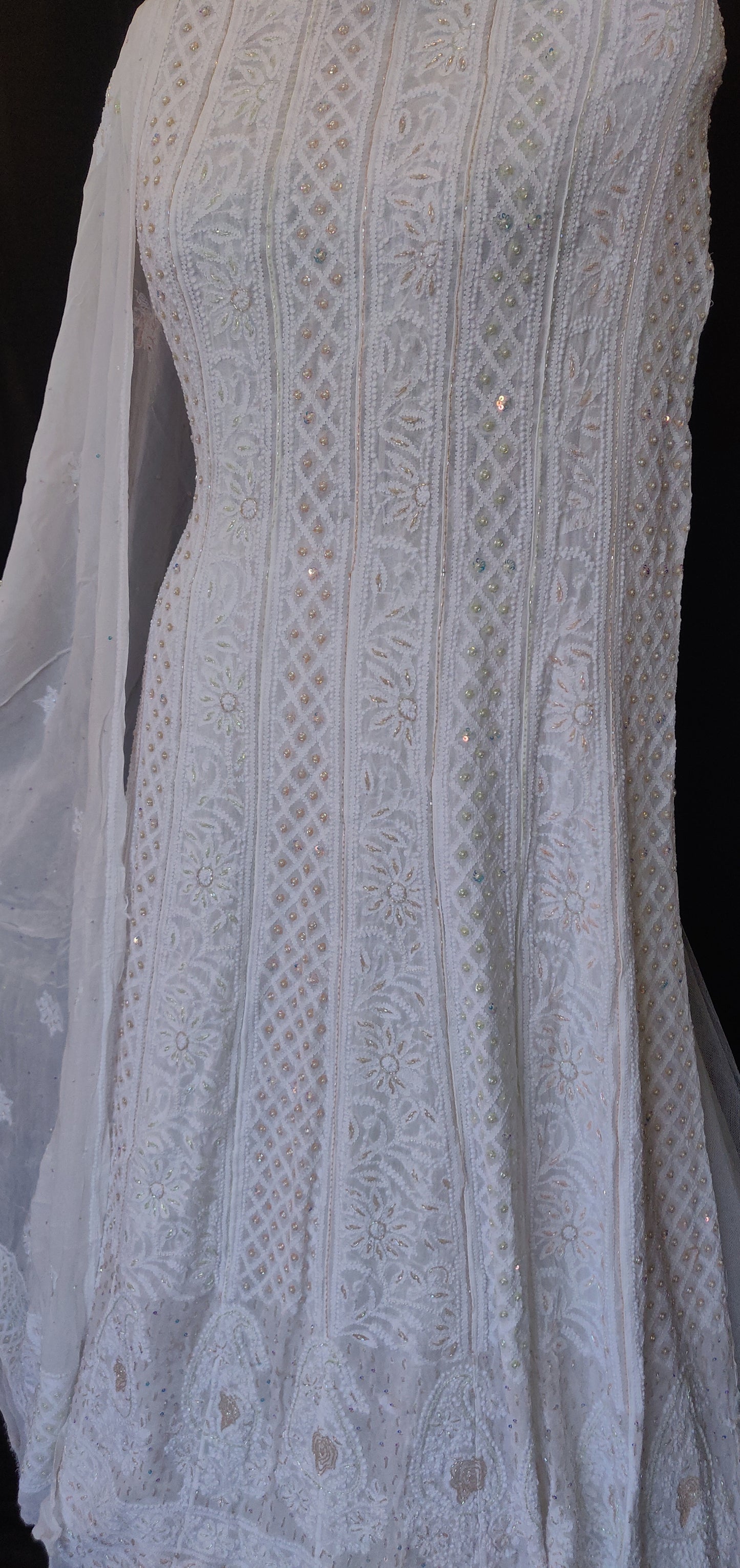 Off White Chikankari Pearl and Sequins Anarkali with Dupatta