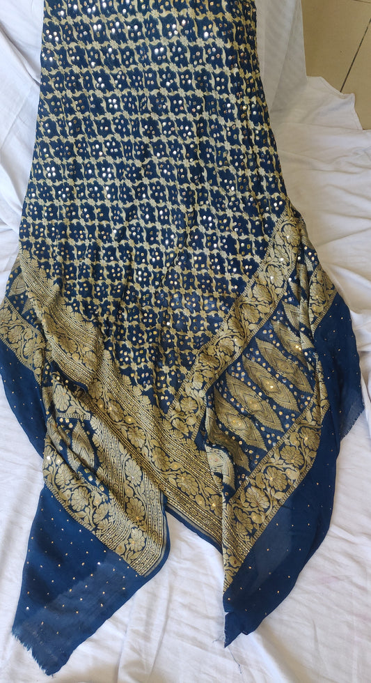 Blue banarasi bandhej dupatta with heavy mukaish