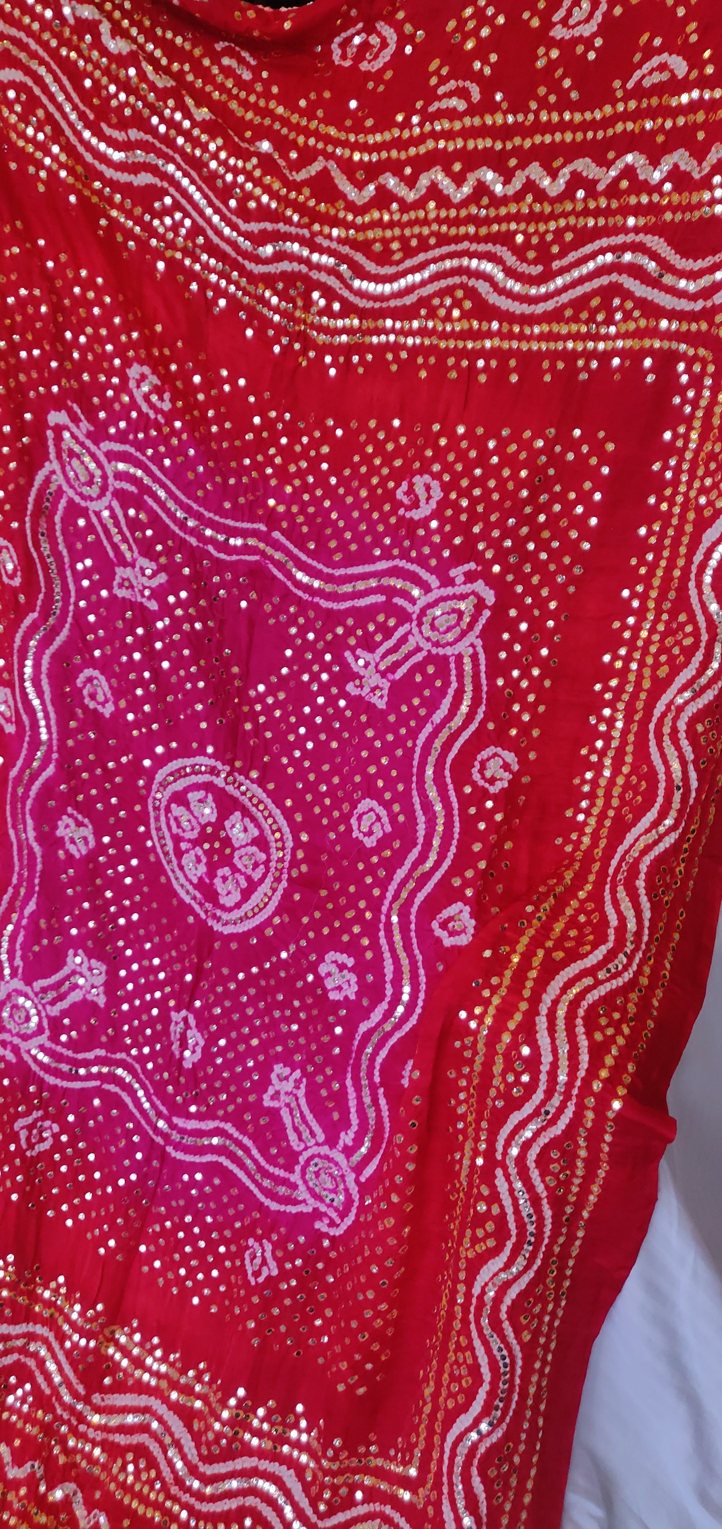 Red and Pink Bandhej Dupatta with Allover Mukaish