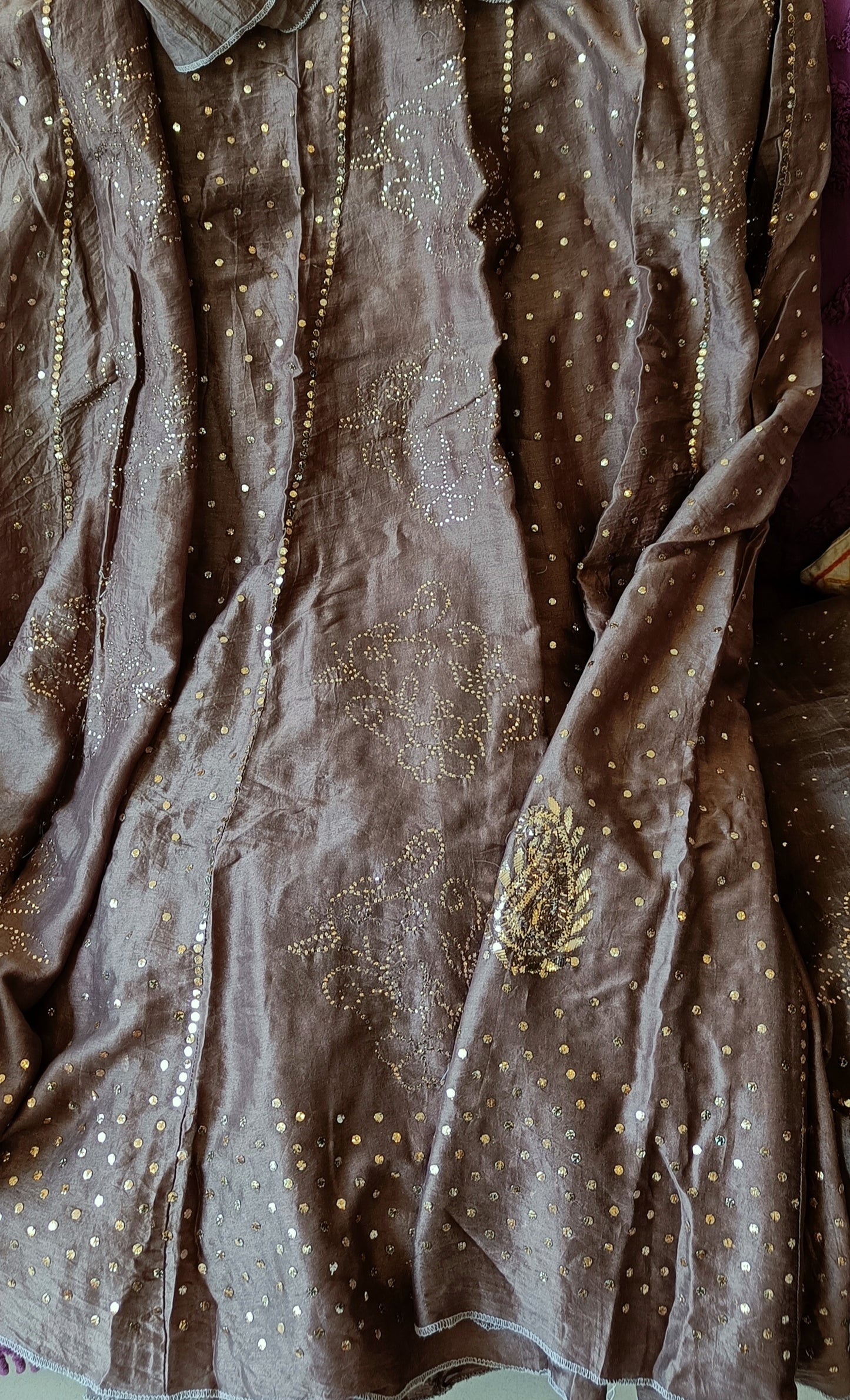 Brown Chanderi Silk Lehenga with Allover Mukaish Work