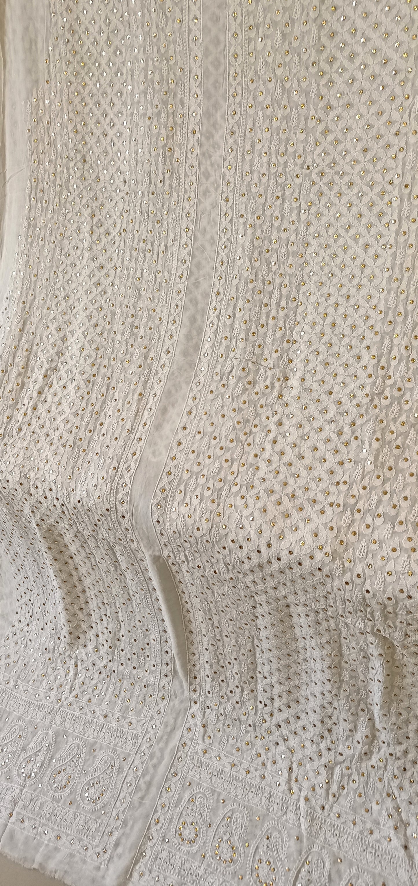 White Half Pure Georgette allover Chikankari and Mukaish Men's Sherwani Fabric