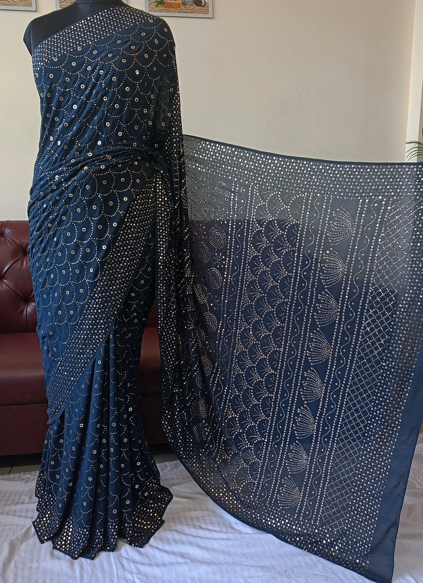 Ruhani Midnight Blue Allover Mukaish Pure Georgette Saree