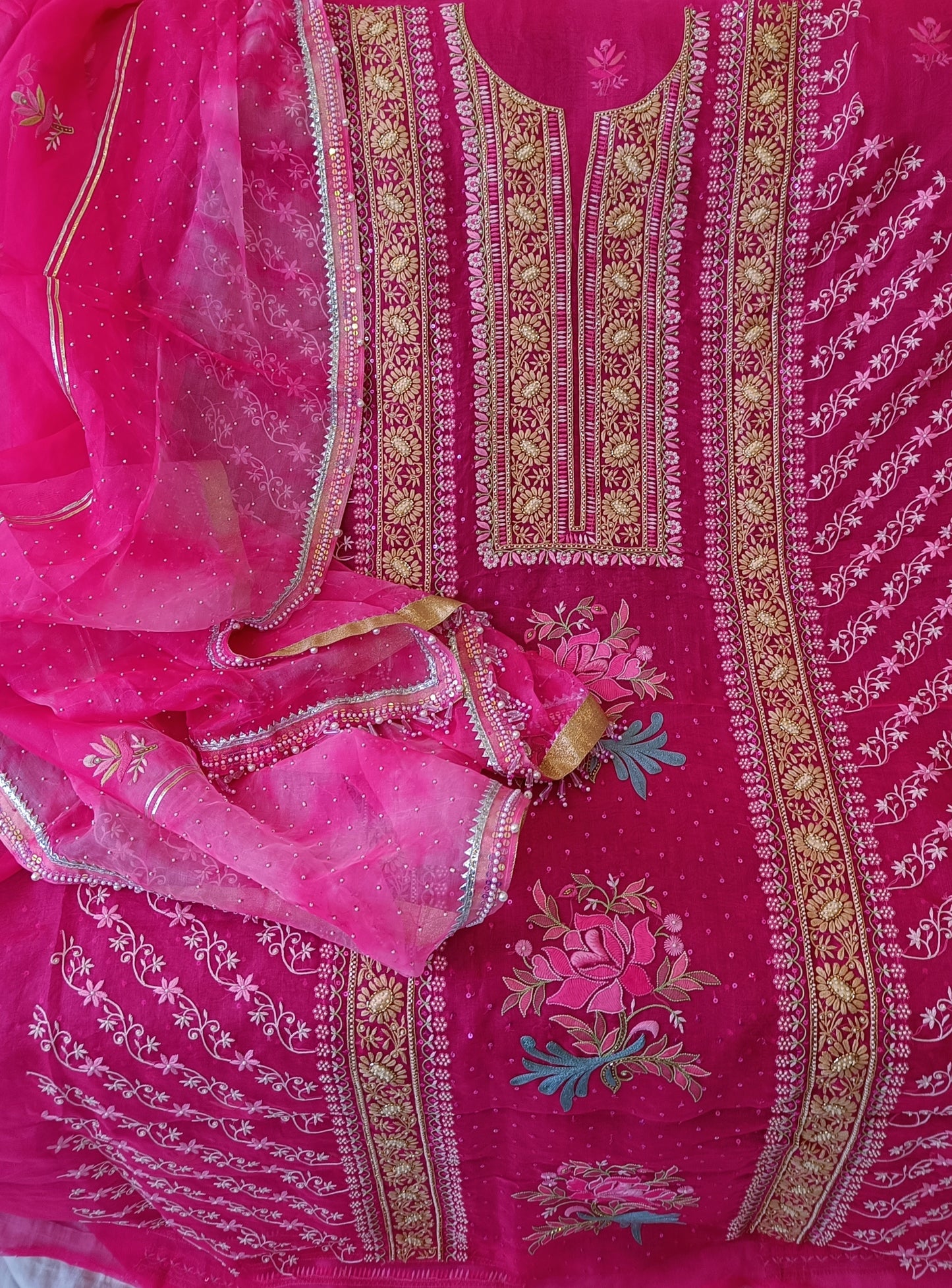 Ruhani Rani Pink Masterpiece Chikankari pure Organza kurta with dupatta