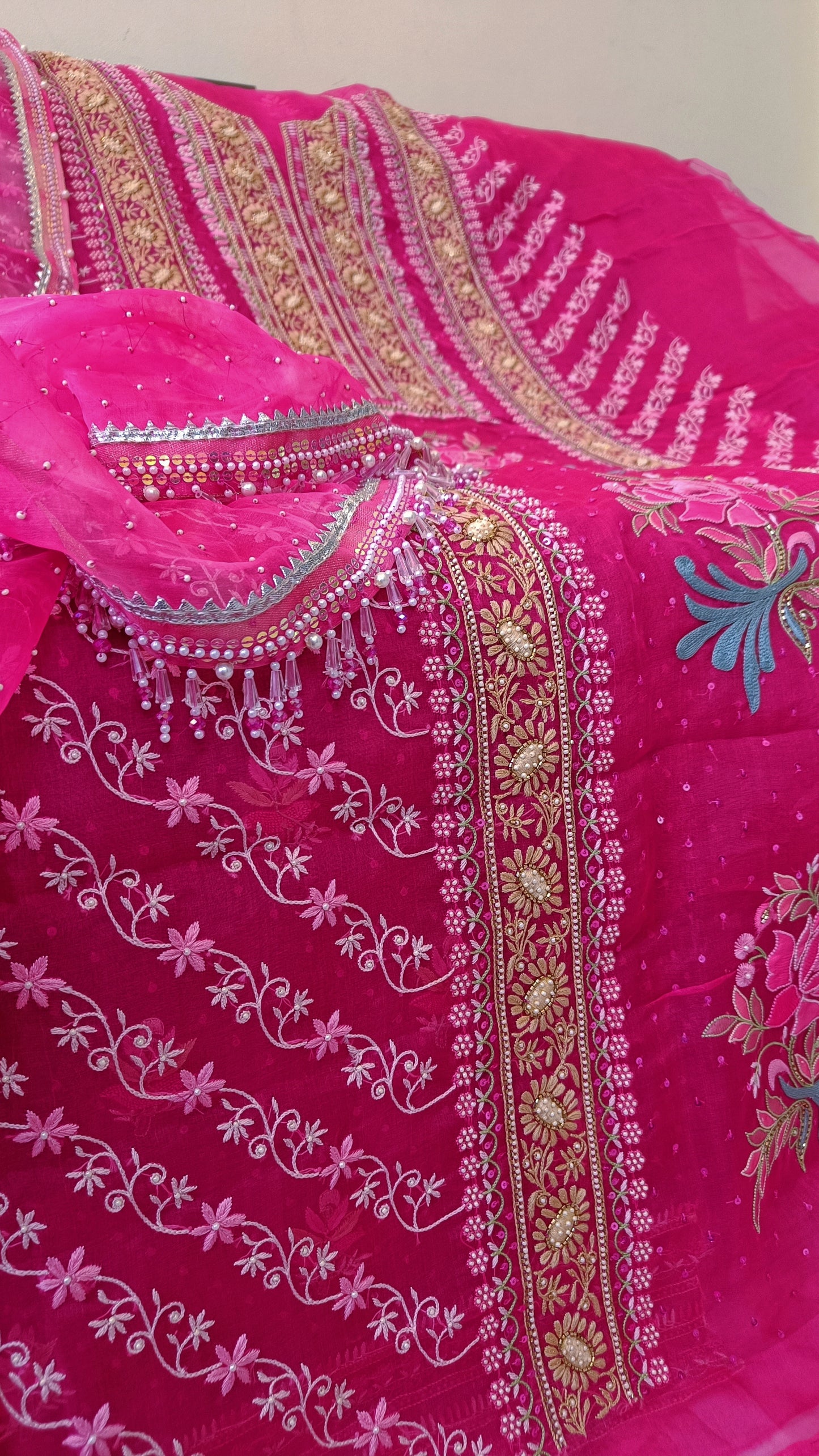 Ruhani Rani Pink Masterpiece Chikankari pure Organza kurta with dupatta
