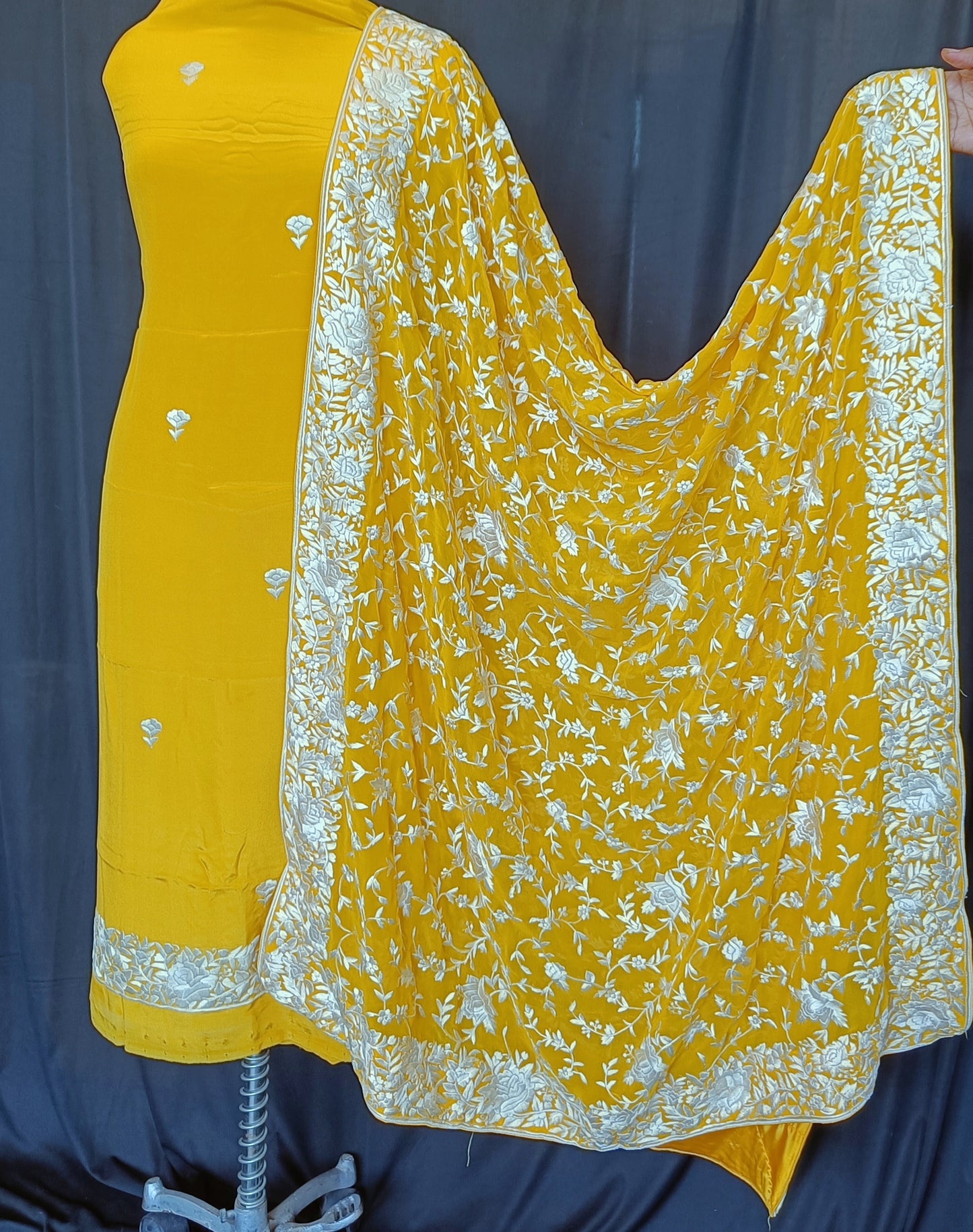 Yellow Hand Embroidered Parsi Gara Pure Crepe Full Suit