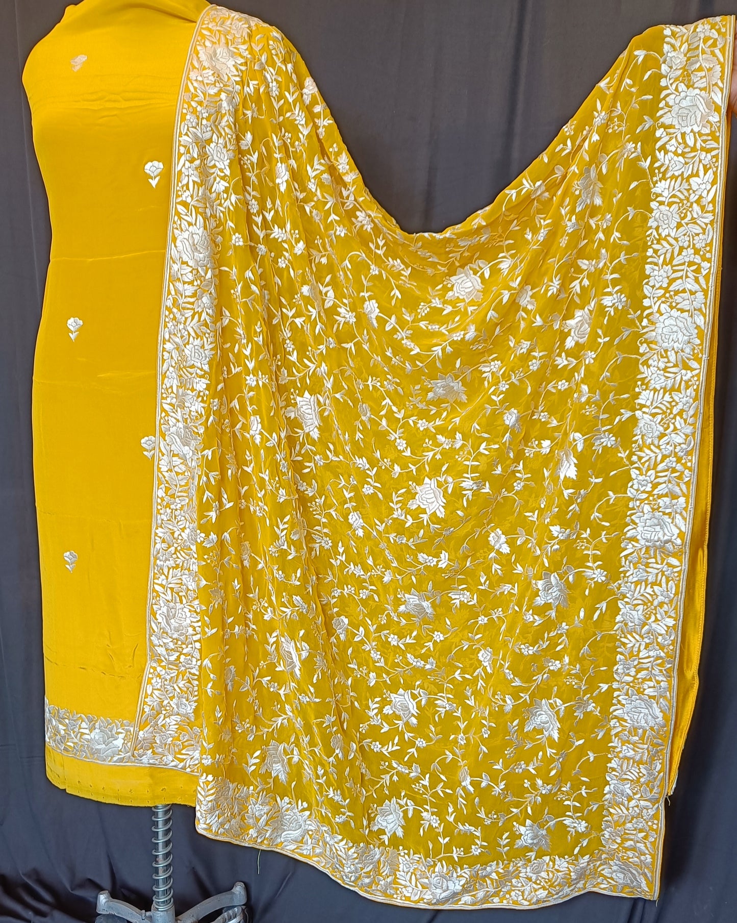 Yellow Hand Embroidered Parsi Gara Pure Crepe Full Suit