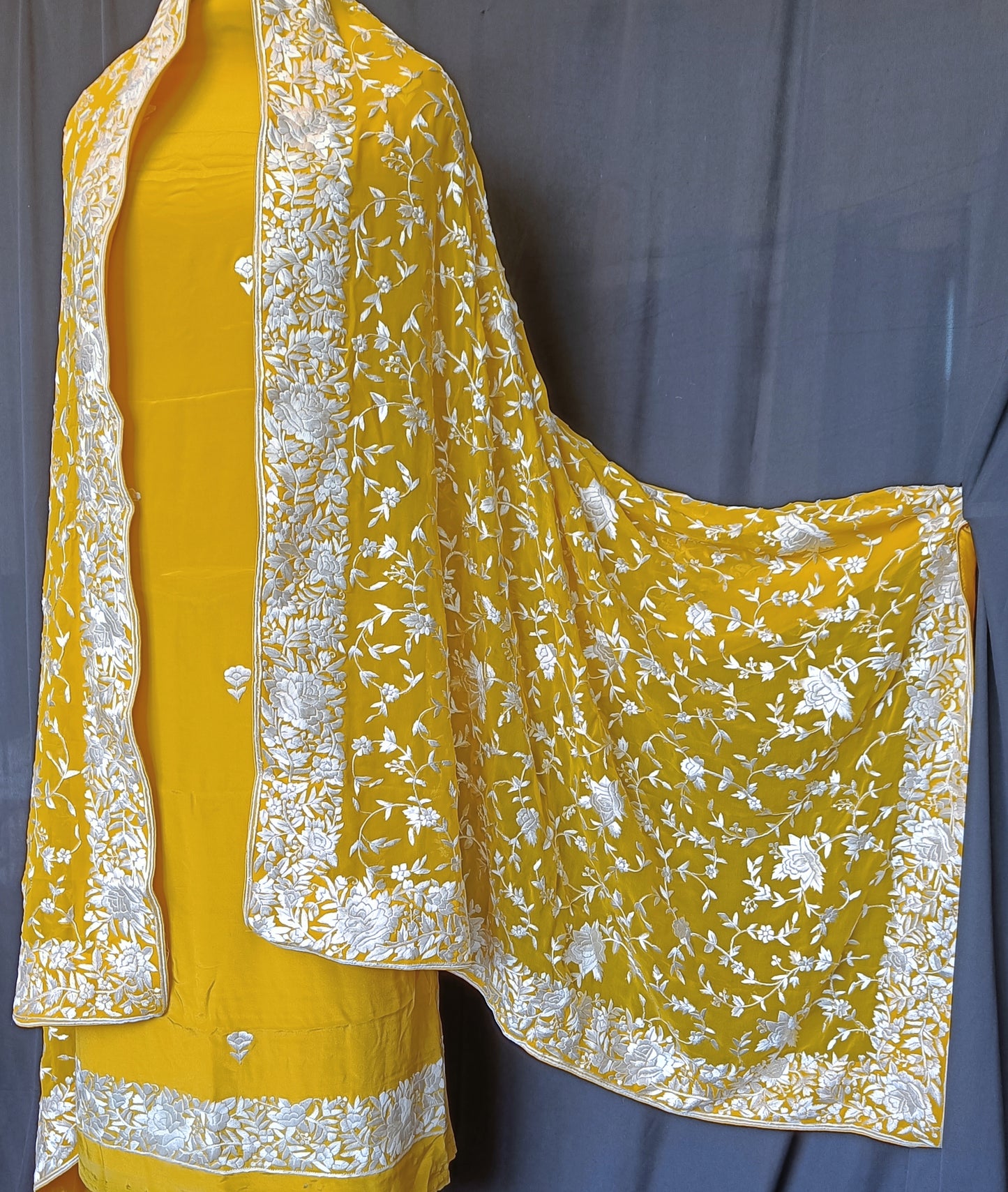 Yellow Hand Embroidered Parsi Gara Pure Crepe Full Suit