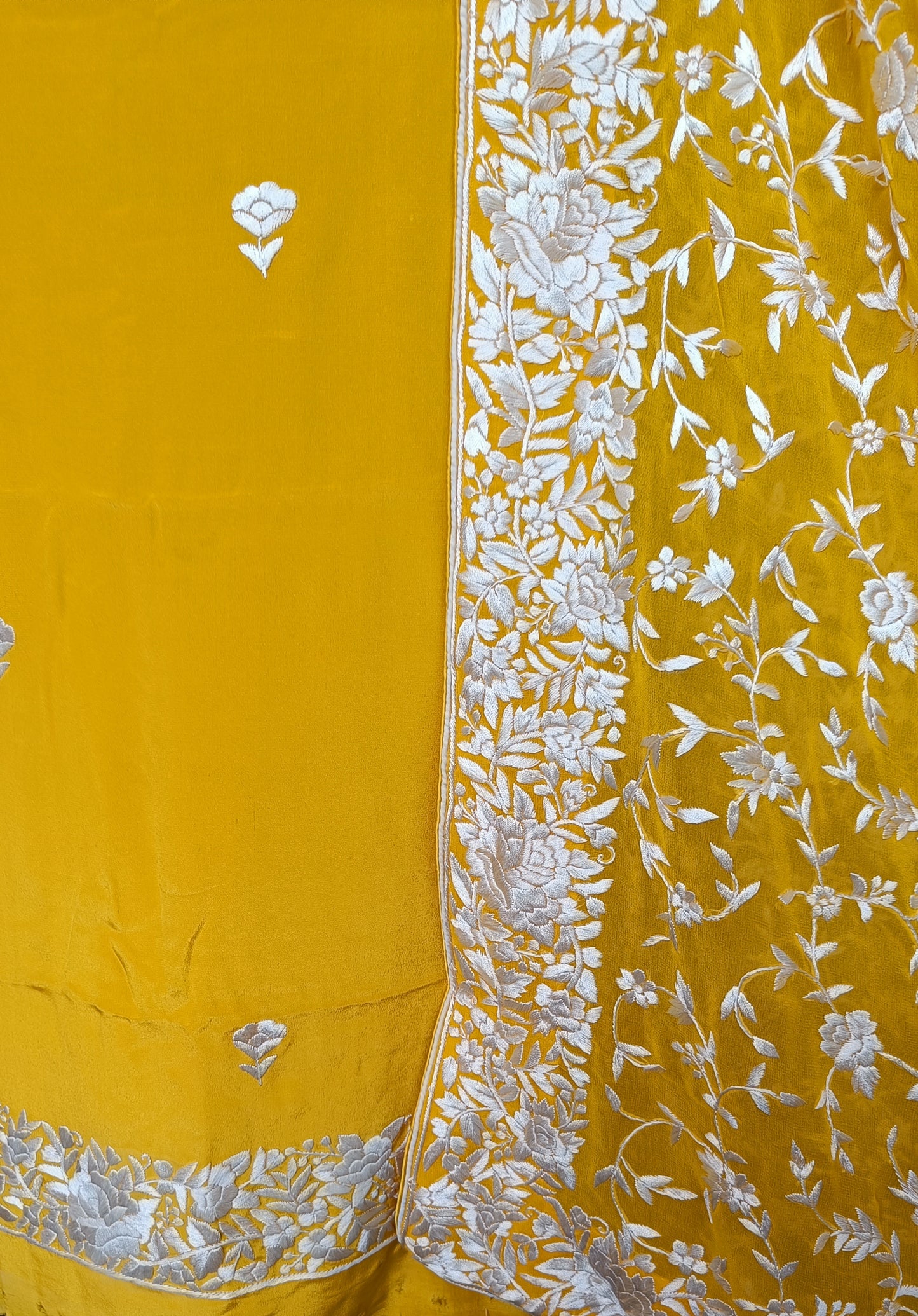 Yellow Hand Embroidered Parsi Gara Pure Crepe Full Suit