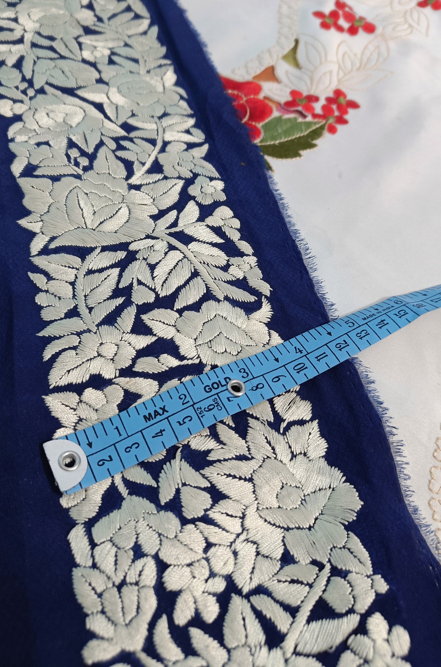 Blue hand embroidered parsi gara border