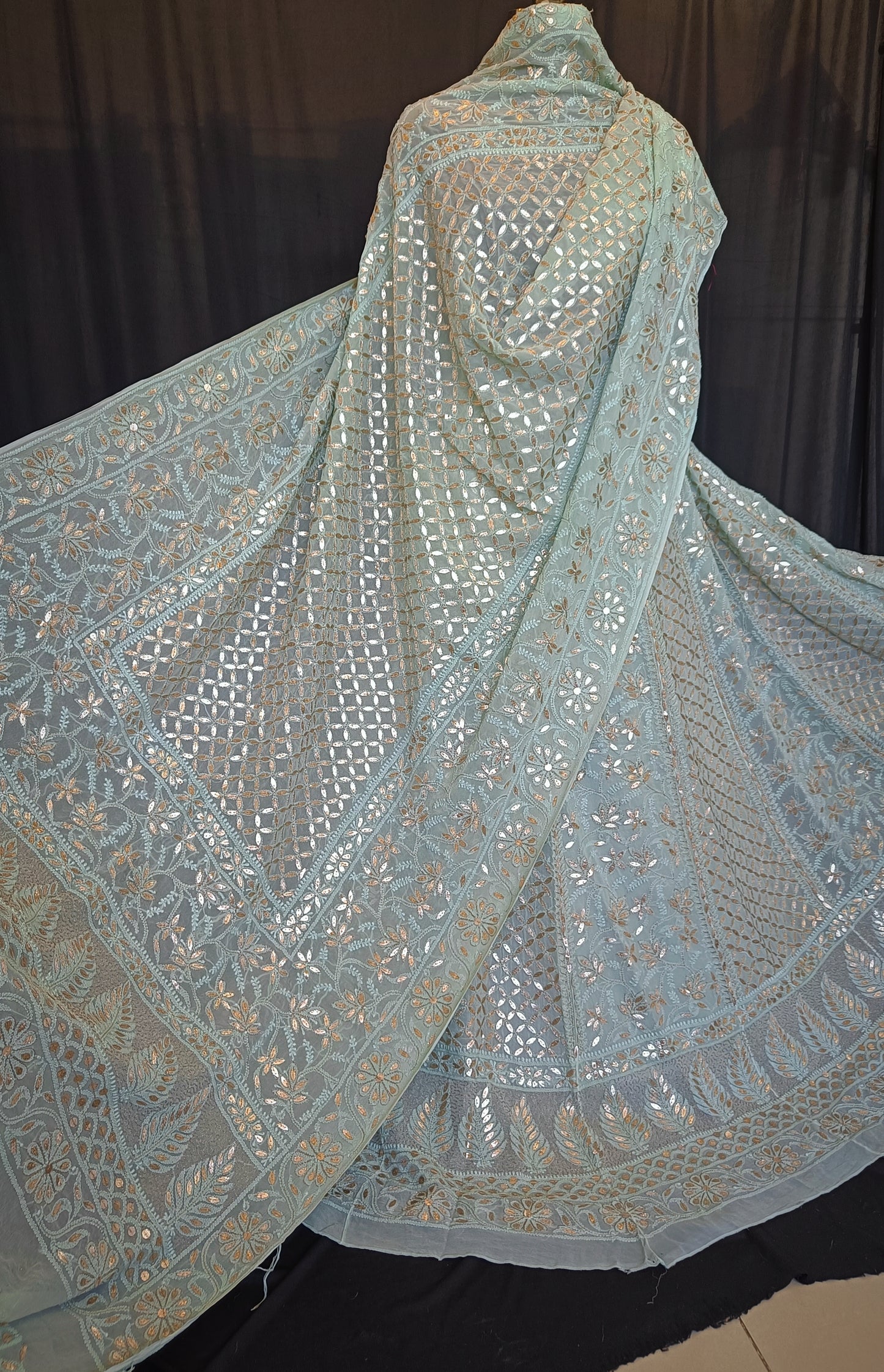 Sage Green Chikankari and Gota Patti Georgette Lehenga Set