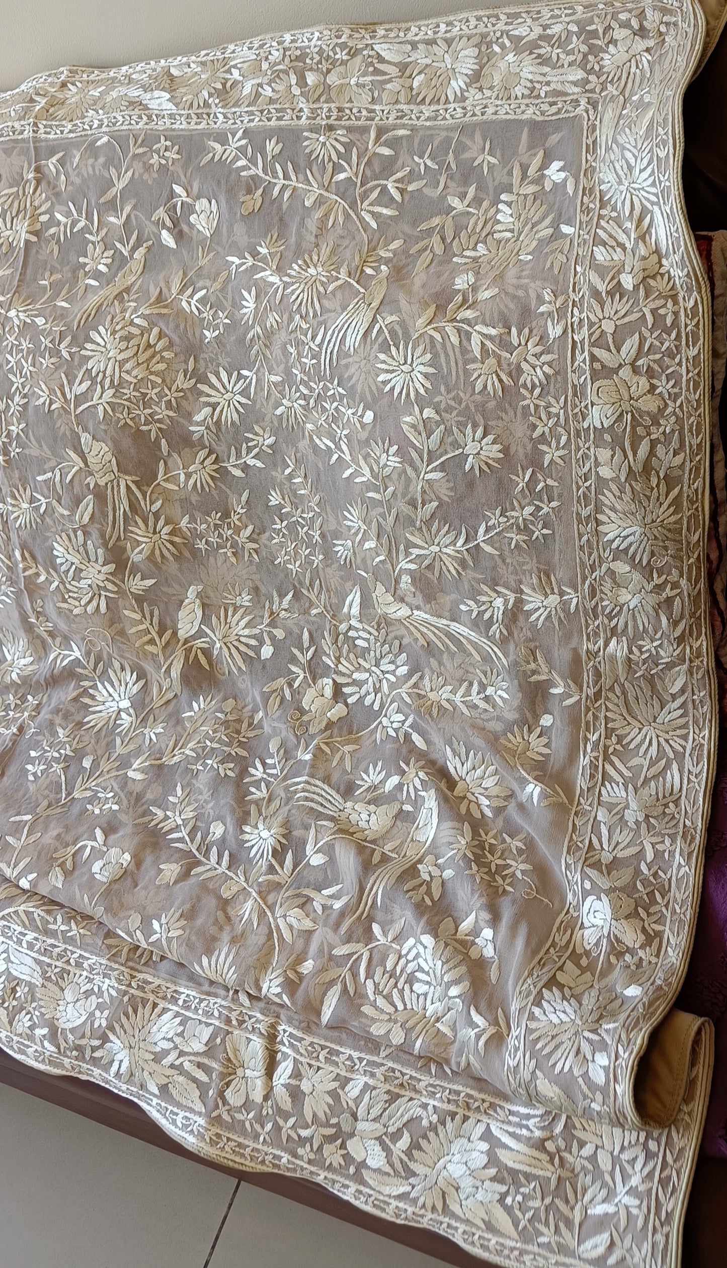 Taupe Hand Embroidered Parsi Gara Pure Georgette Kurta and Dupatta