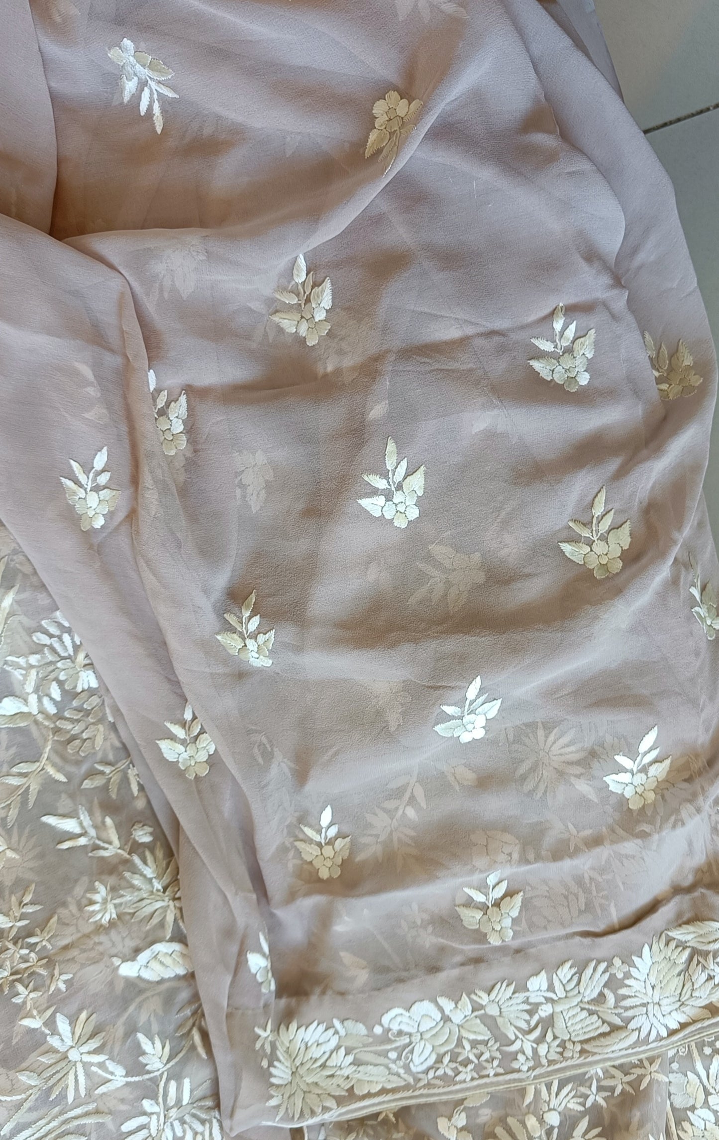 Taupe Hand Embroidered Parsi Gara Pure Georgette Kurta and Dupatta