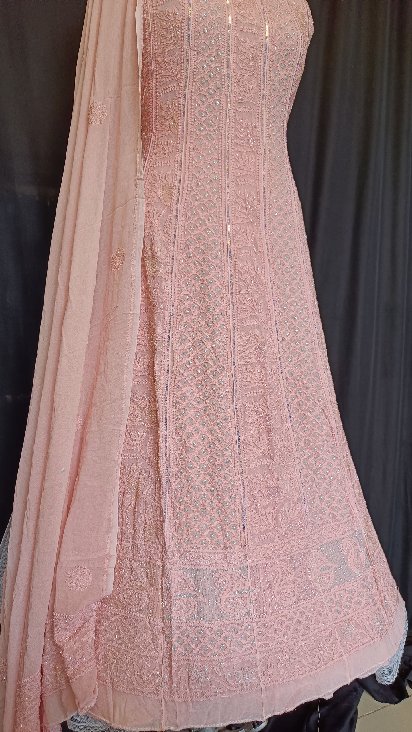 Peachish Pink Chikankari Pearl Sequins Anarkali with Dupatta