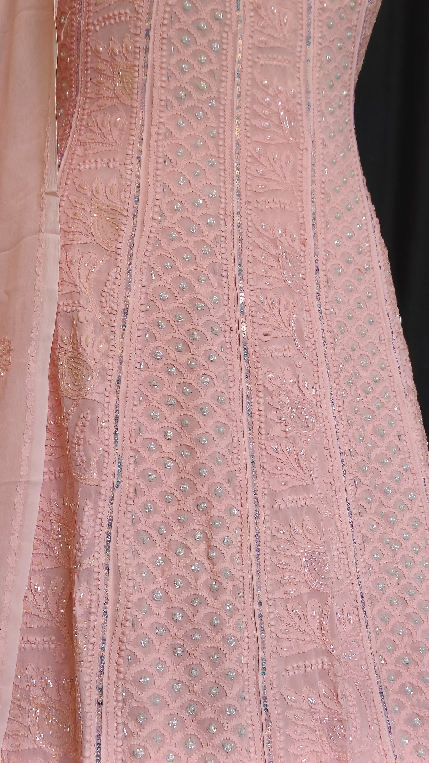 Peachish Pink Chikankari Pearl Sequins Anarkali with Dupatta