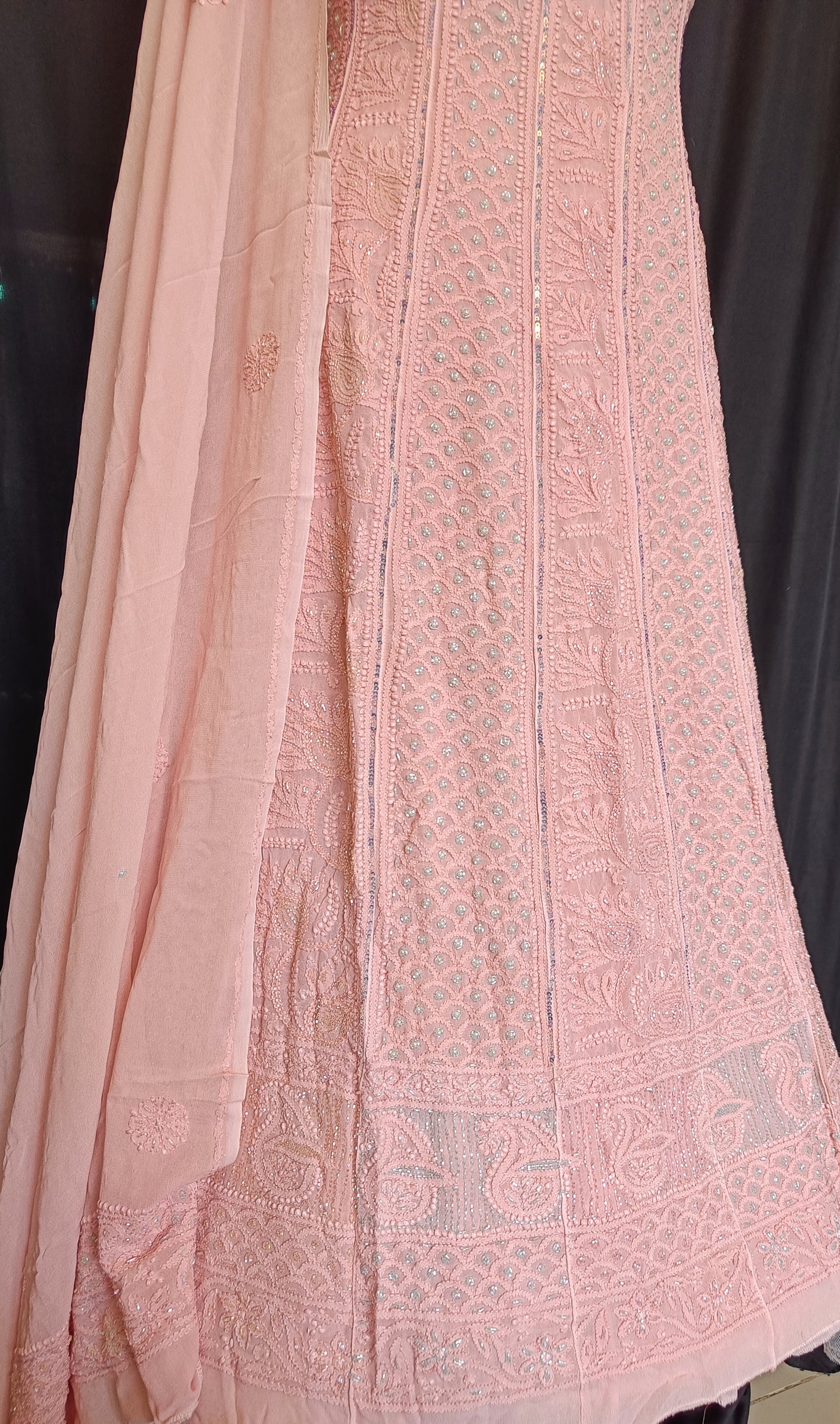 Peachish Pink Chikankari Pearl Sequins Anarkali with Dupatta