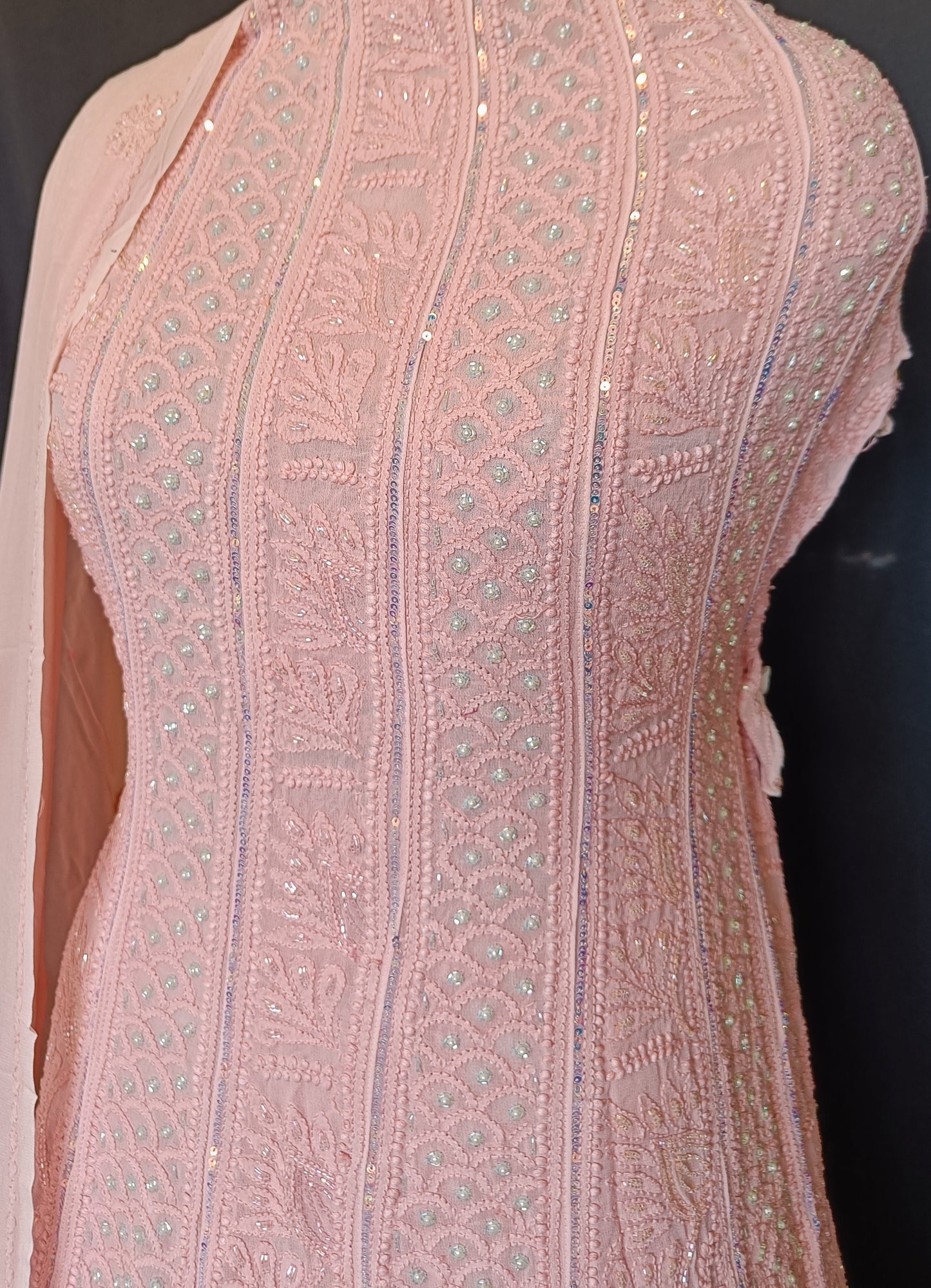 Peachish Pink Chikankari Pearl Sequins Anarkali with Dupatta