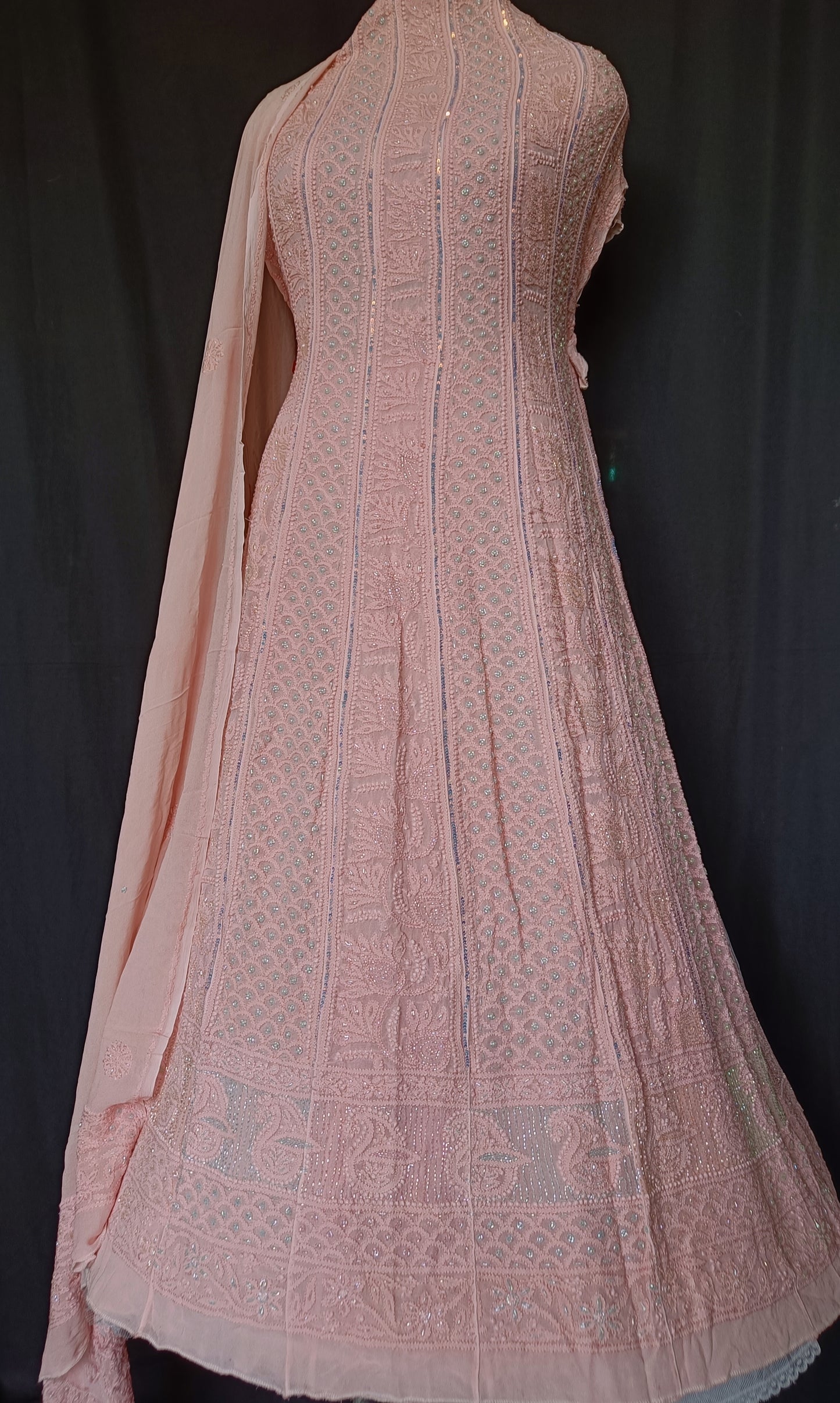 Peachish Pink Chikankari Pearl Sequins Anarkali with Dupatta