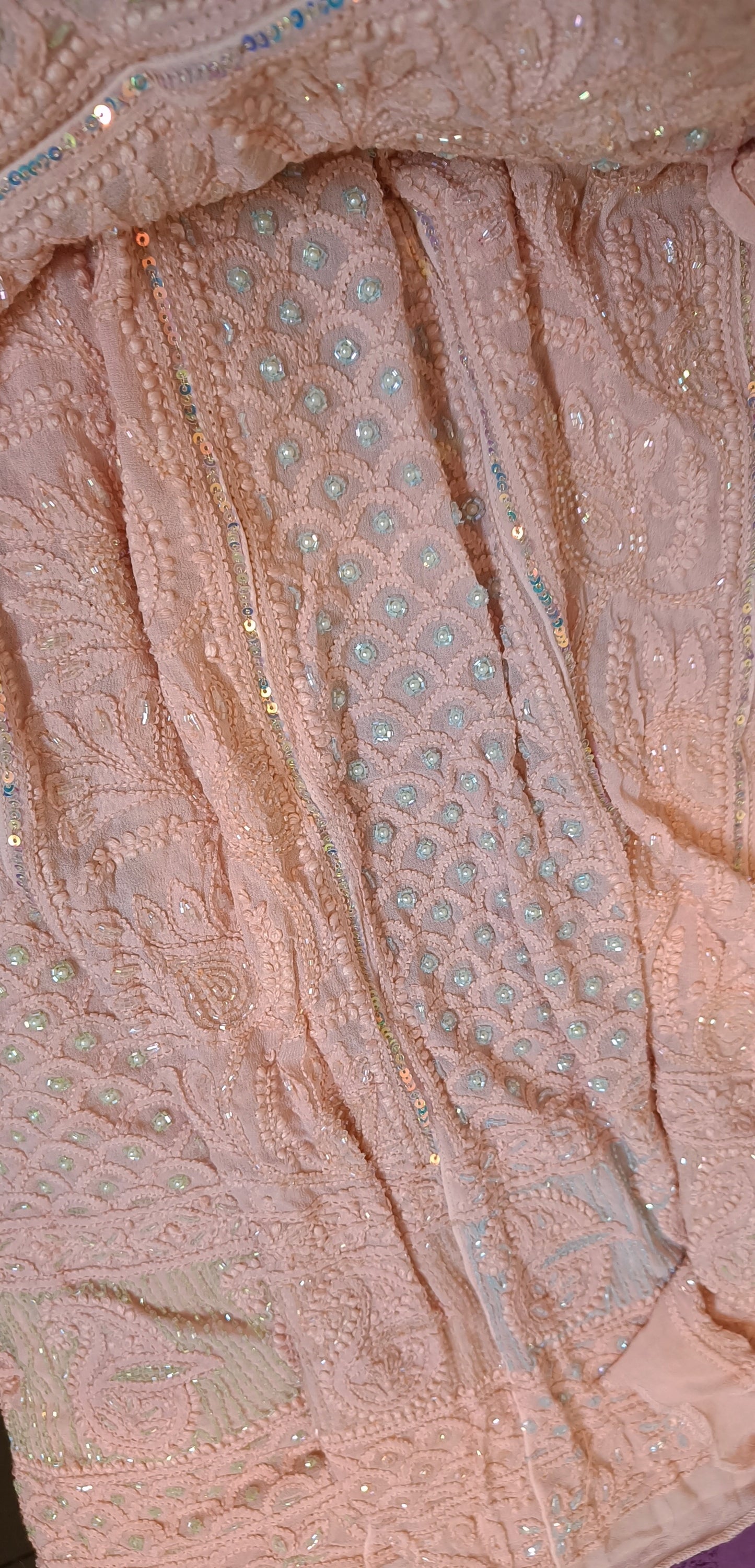 Peachish Pink Chikankari Pearl Sequins Anarkali with Dupatta