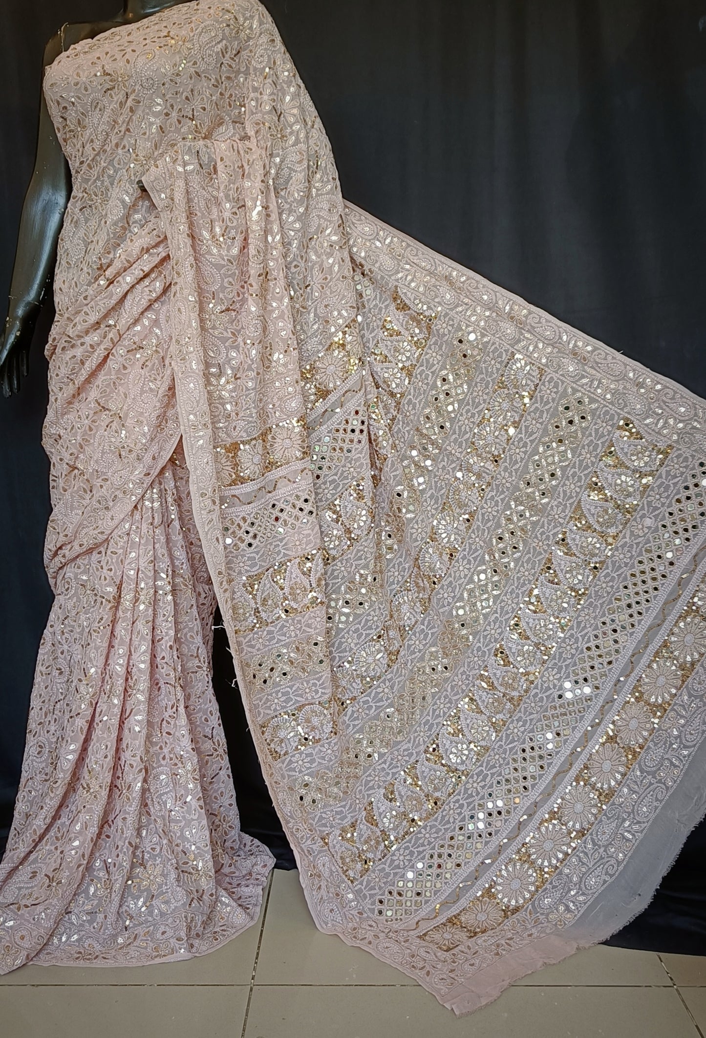 Ruhani Dusty Pink Allover Chikankari Sequins Mirror Gota Saree