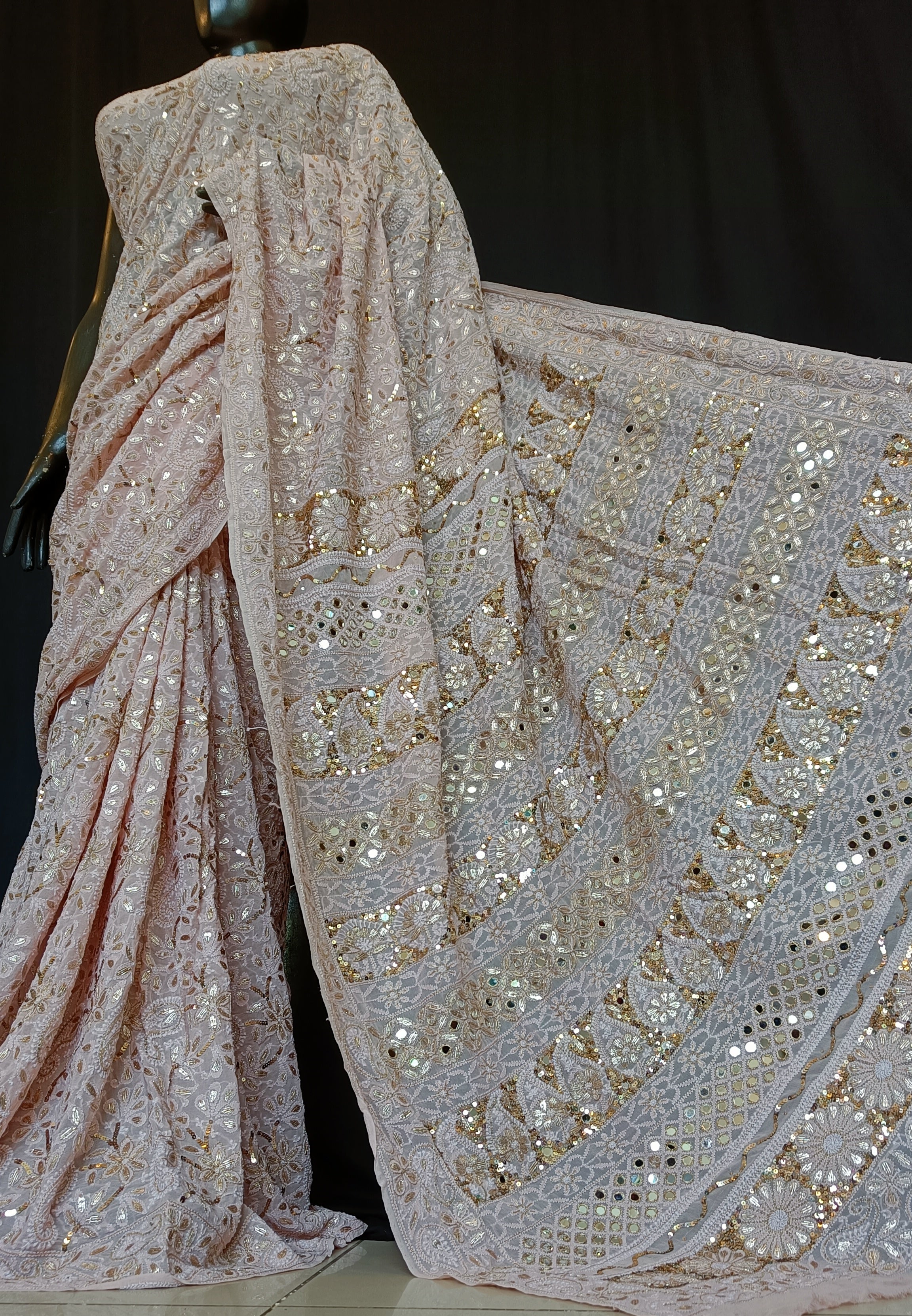 Ruhani Dusty Pink Allover Chikankari Sequins Mirror Gota Saree