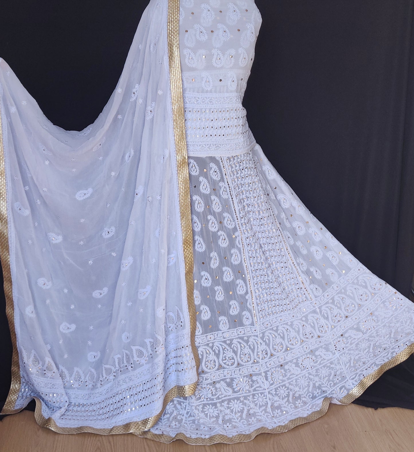 Powder Blue half pure georgette light Chikankari and mukaish lehenga set