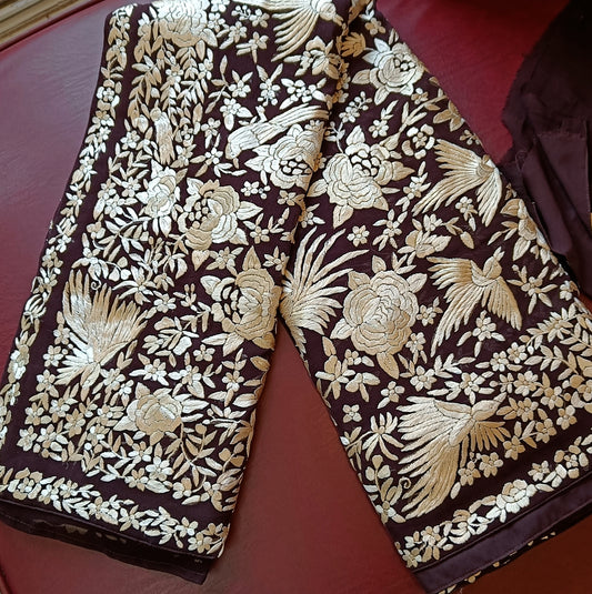 Masterpiece Coffee Brown Parsi Gara Allover Hand Embroidered Saree on Pure Georgette