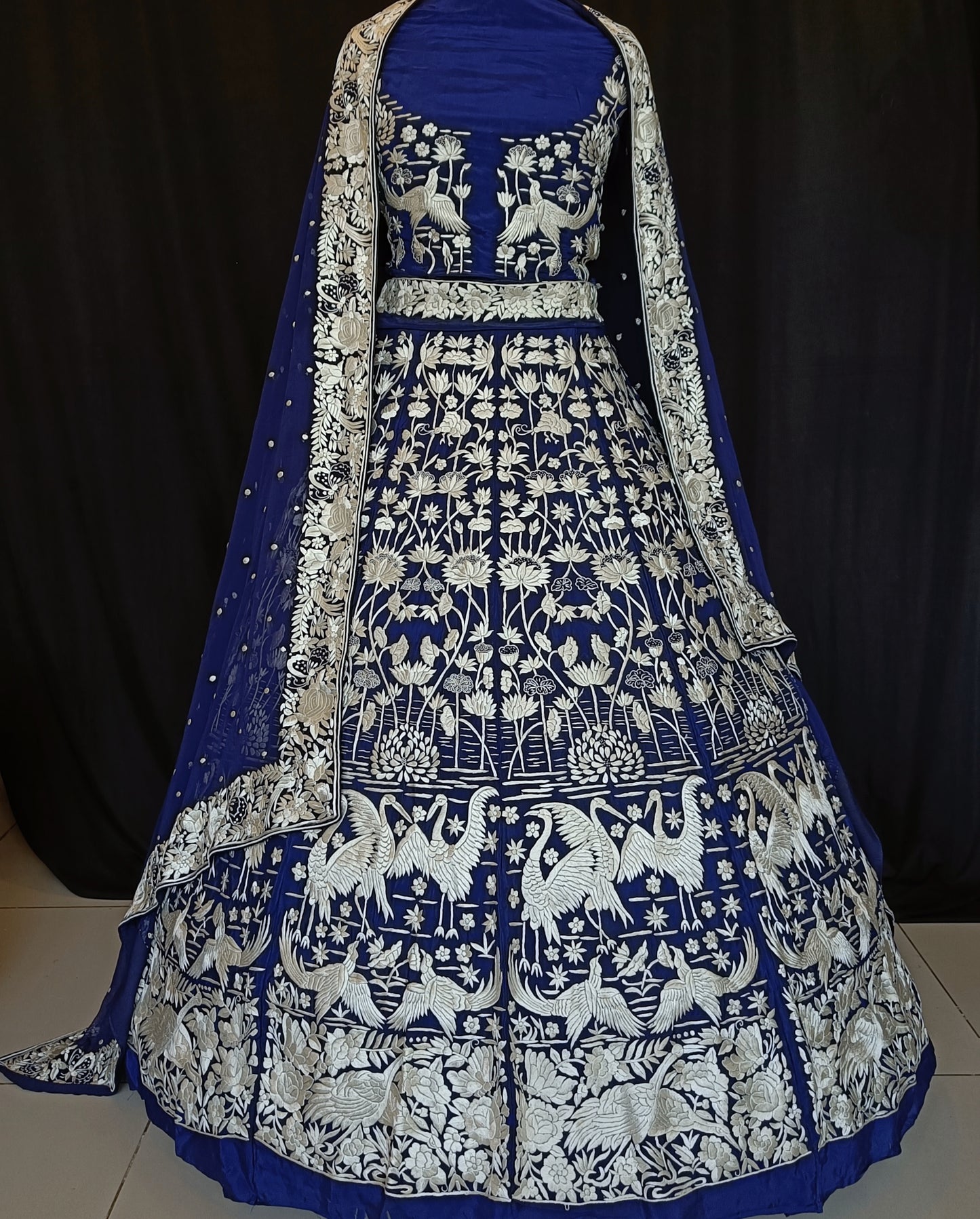 Navy Blue Masterpiece Parsi Gara Lehenga Set Hand Embroidered