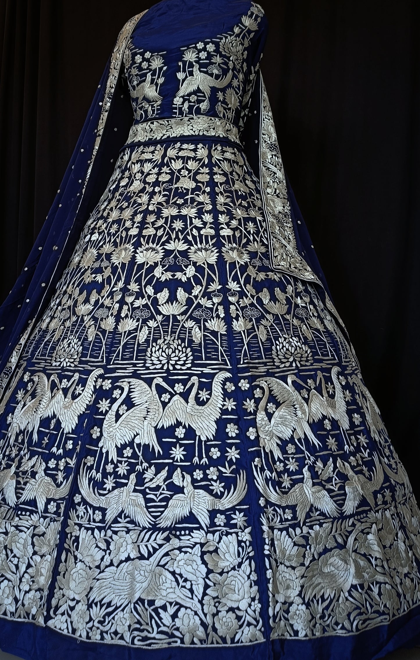 Navy Blue Masterpiece Parsi Gara Lehenga Set Hand Embroidered