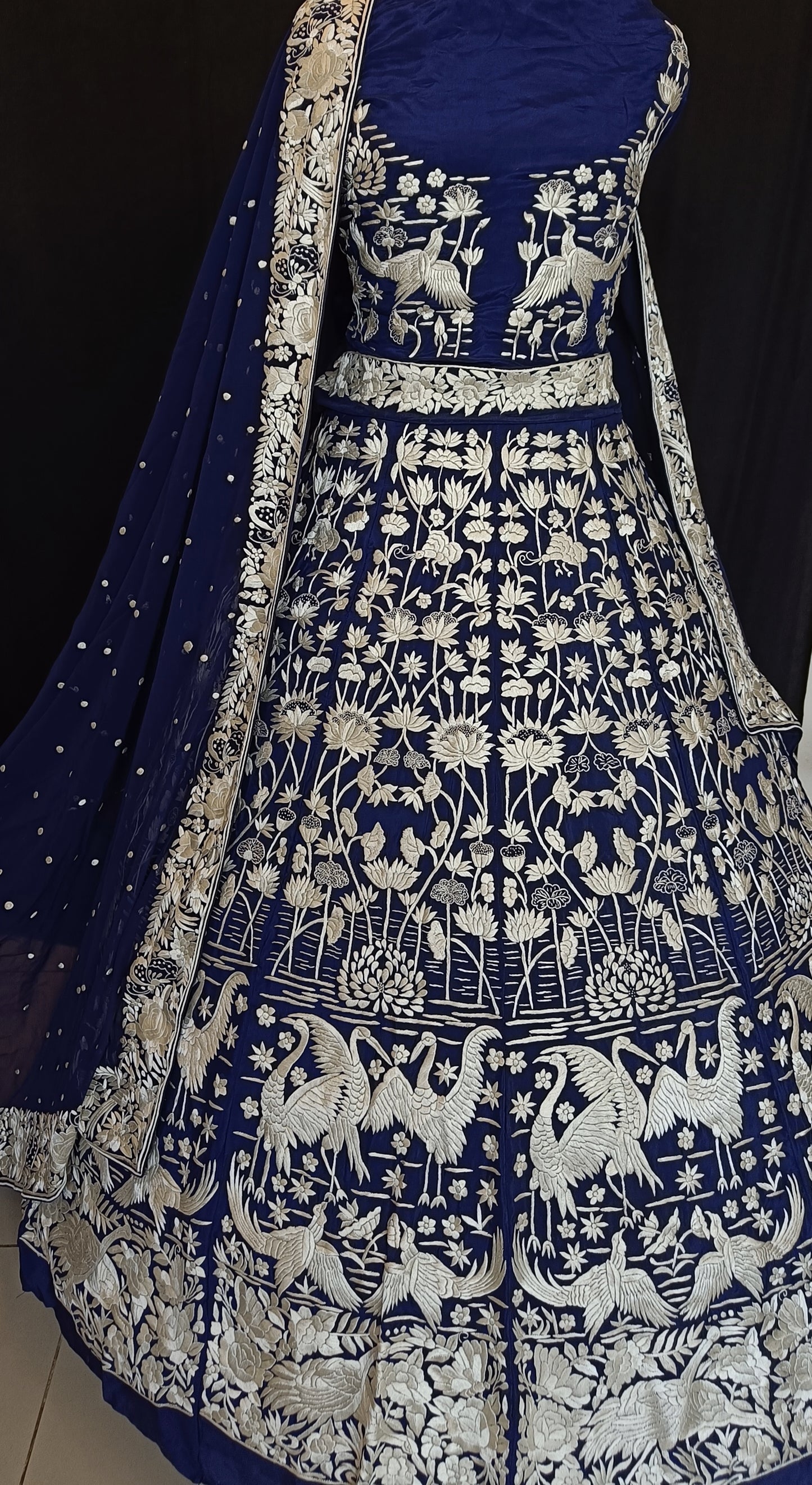 Navy Blue Masterpiece Parsi Gara Lehenga Set Hand Embroidered