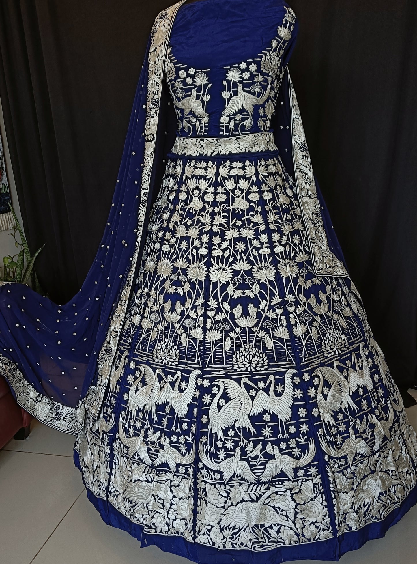 Navy Blue Masterpiece Parsi Gara Lehenga Set Hand Embroidered