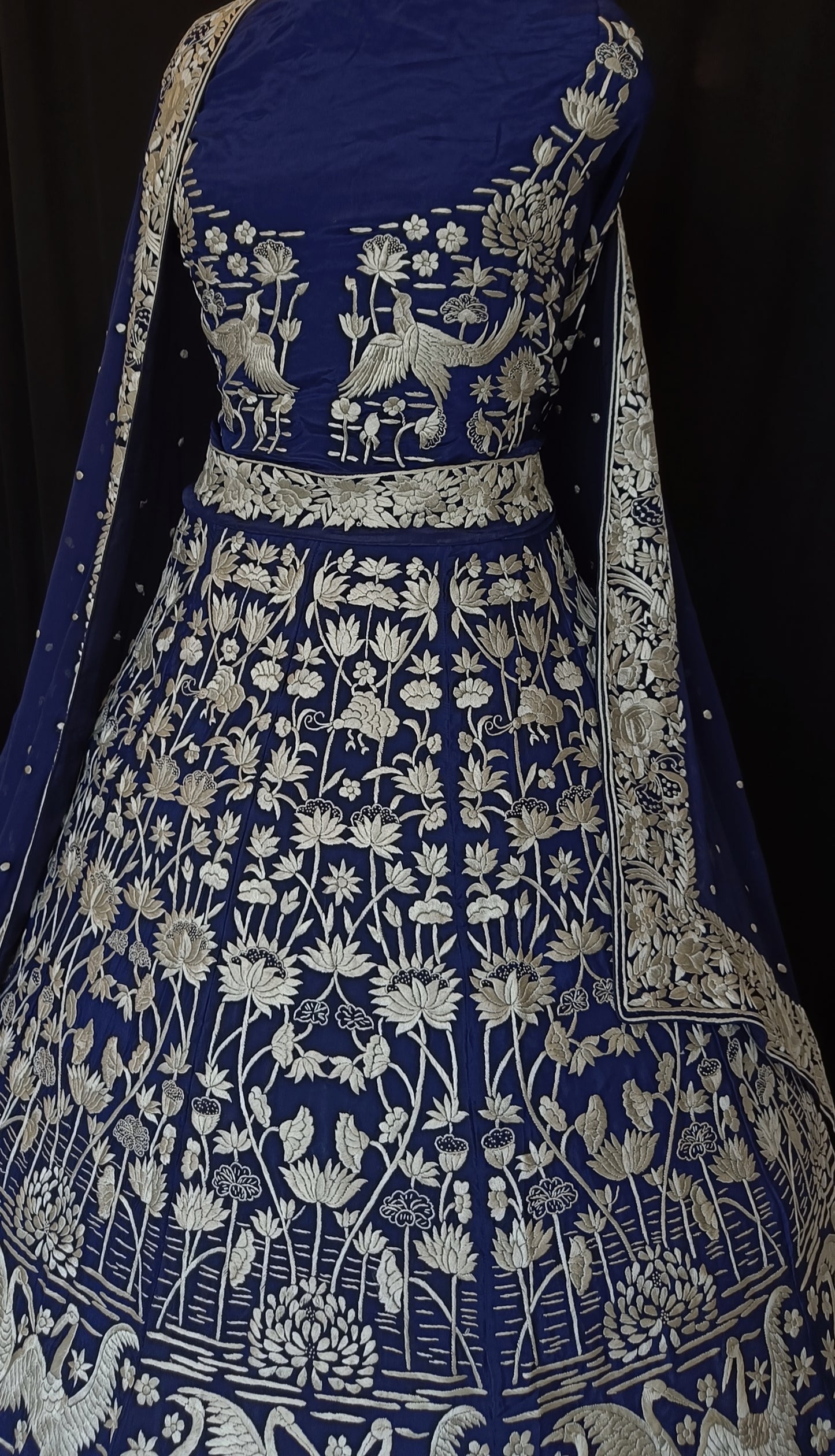 Navy Blue Masterpiece Parsi Gara Lehenga Set Hand Embroidered
