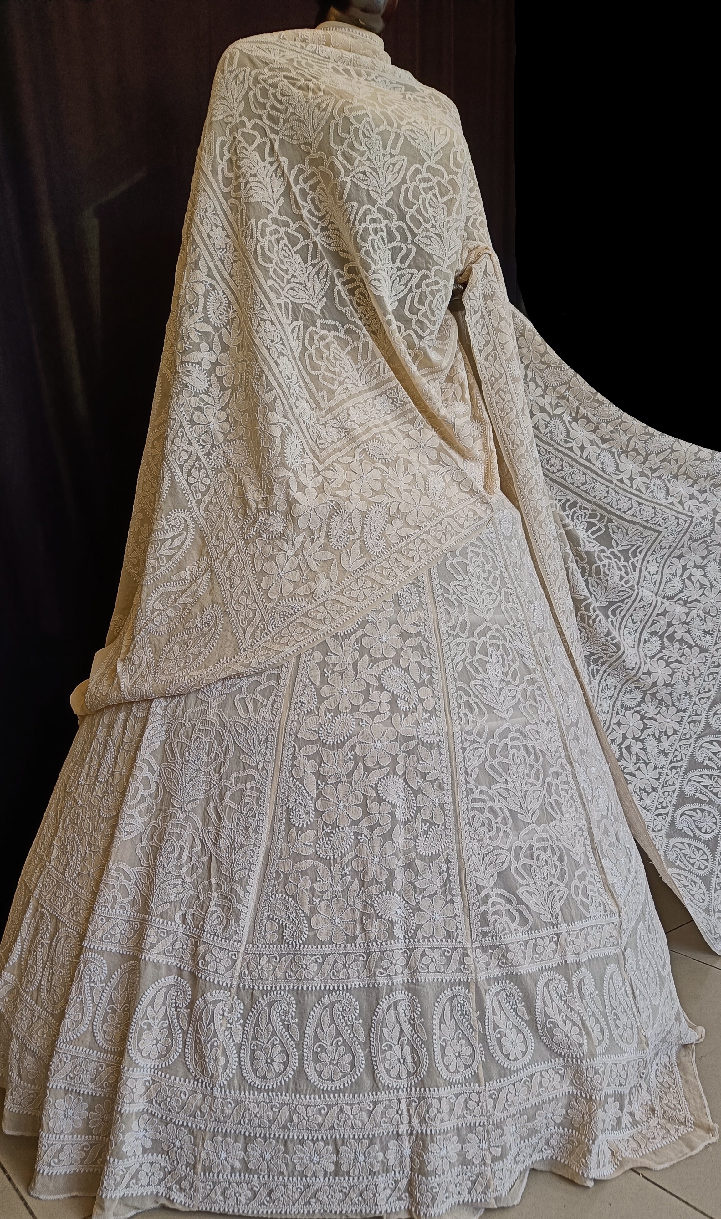 Resham Chikankari Lehenga with Kundan Embellished Crop Top