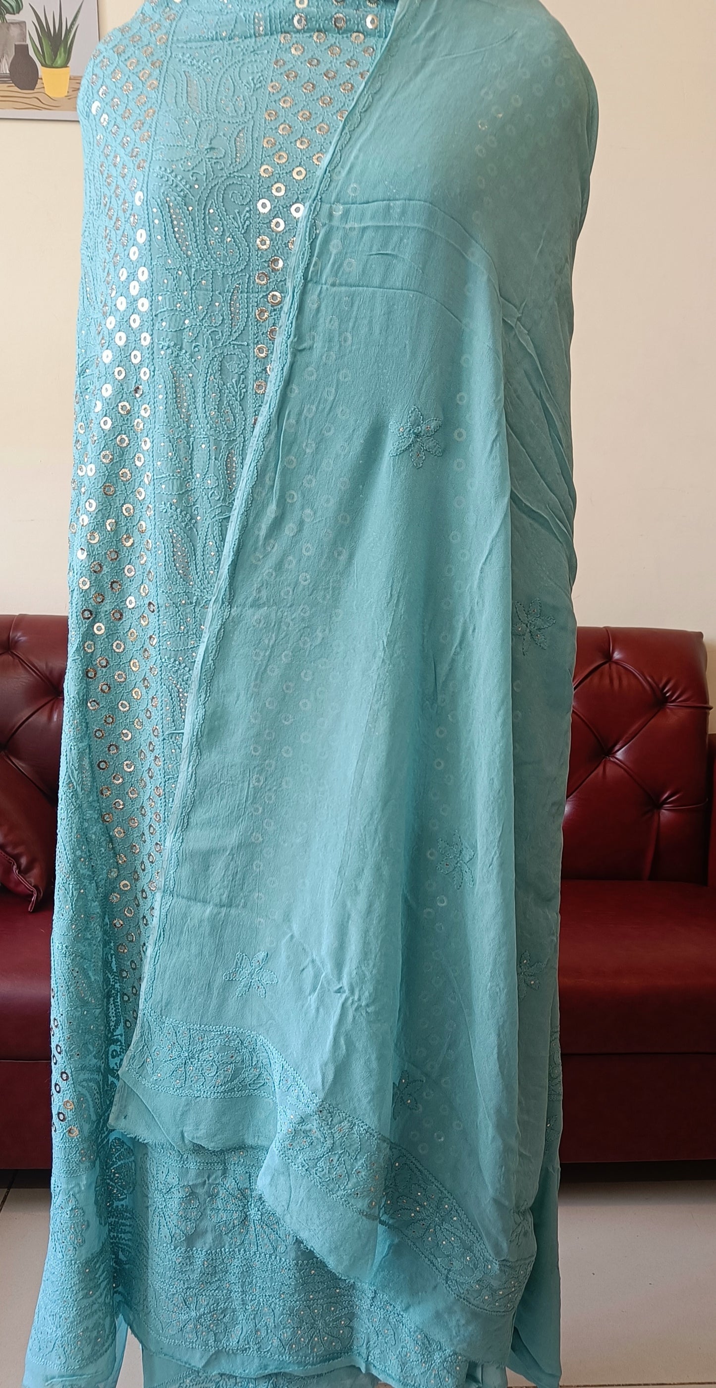 Bluish Green Chikankari and Ring Mukaish Kurta and Dupatta set