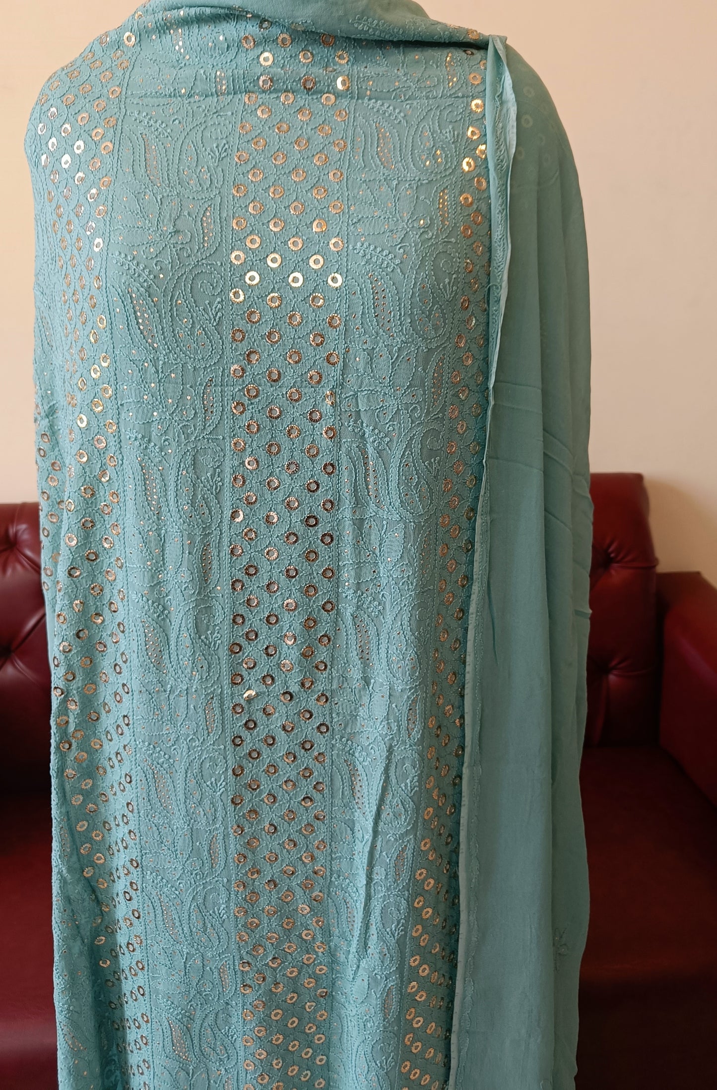 Bluish Green Chikankari and Ring Mukaish Kurta and Dupatta set