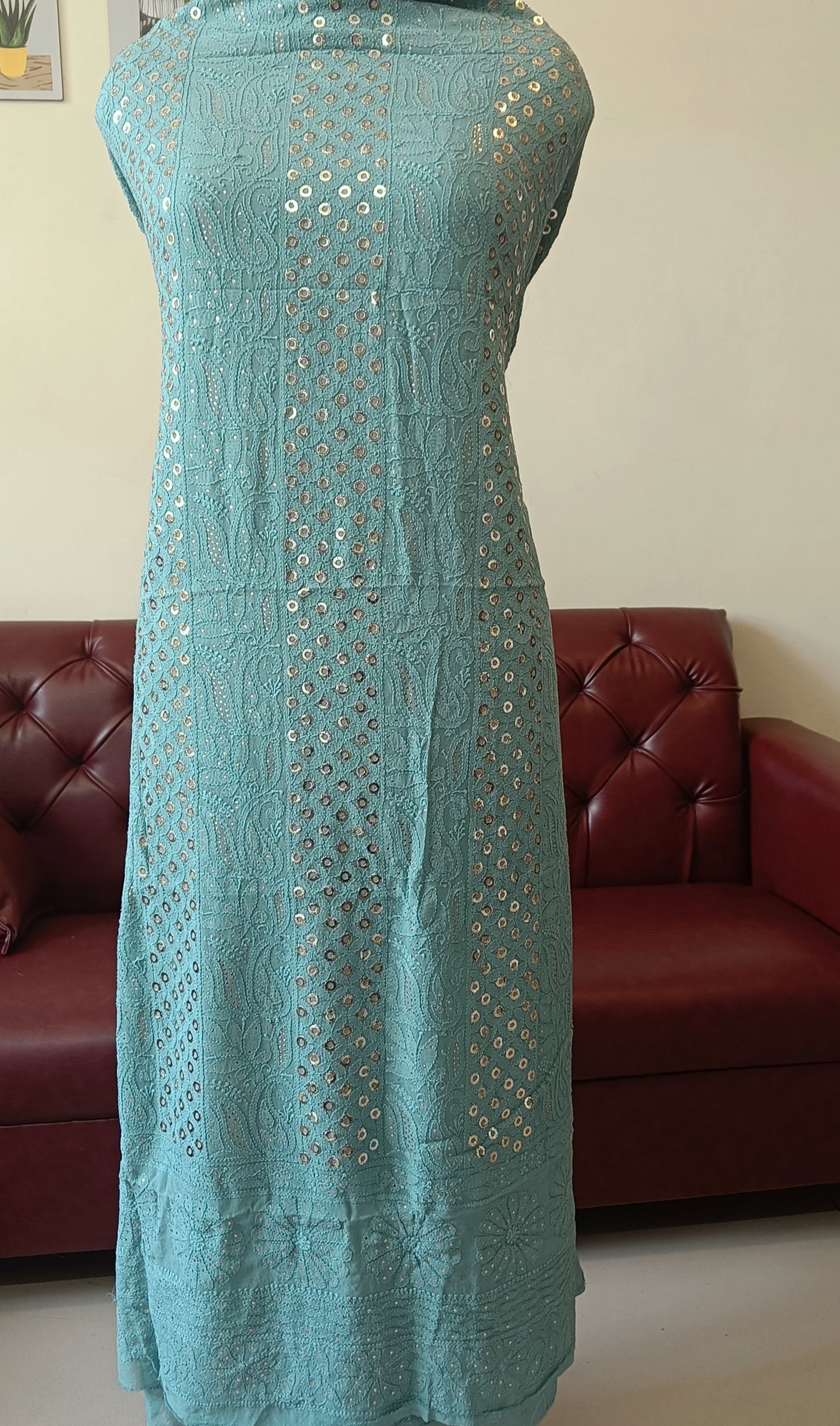 Bluish Green Chikankari and Ring Mukaish Kurta and Dupatta set