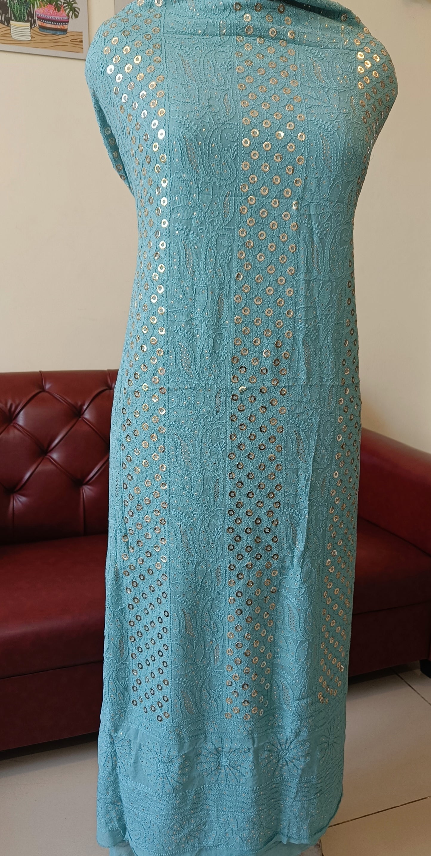 Bluish Green Chikankari and Ring Mukaish Kurta and Dupatta set