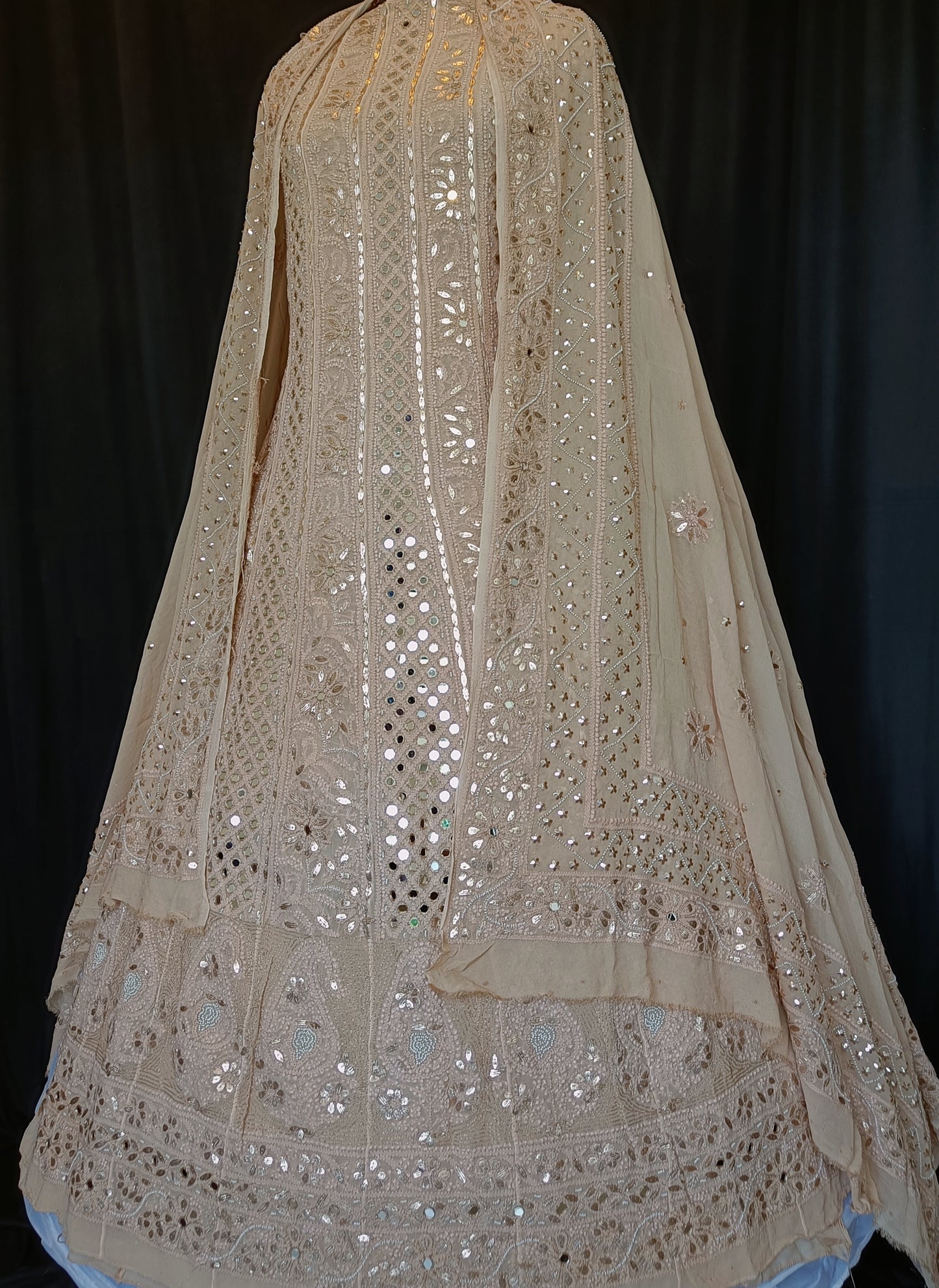 Ruhani Golden Beige Chikankari gota mirror sequins anarkali