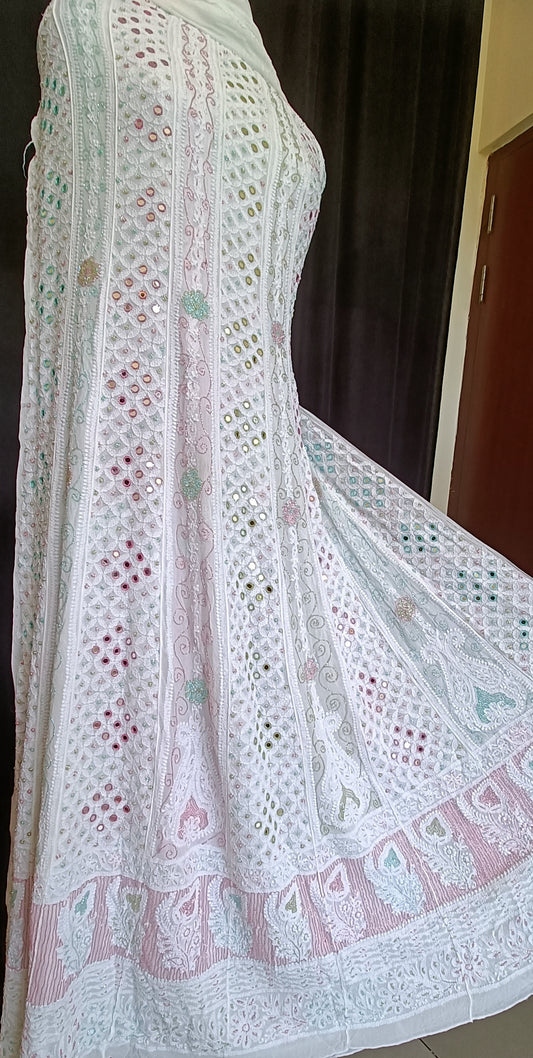 White Chikankari and Multicolored Cut Dana Mirror and Pearl Work Anarkali