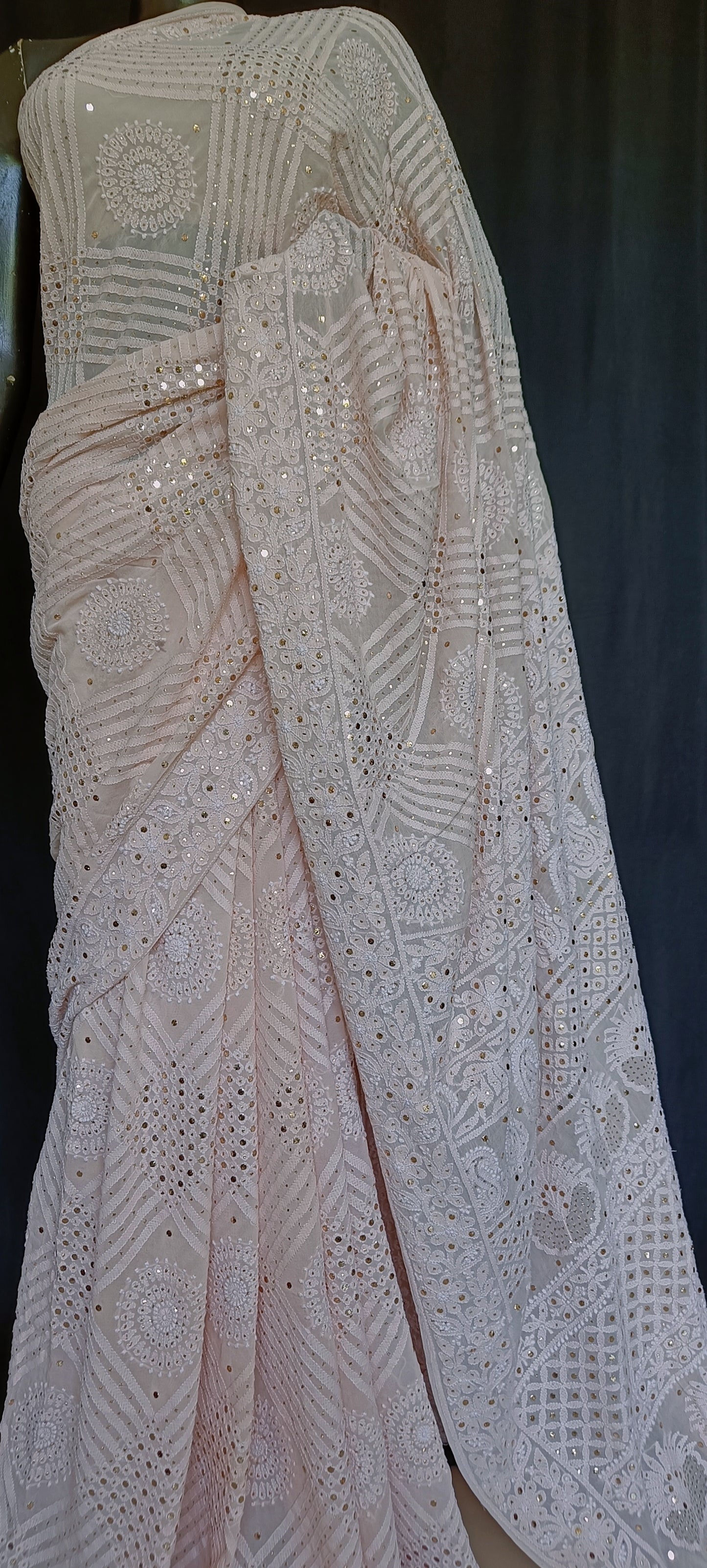 Ruhani Oyster Pink Allover Chikankari and Mukaish Saree