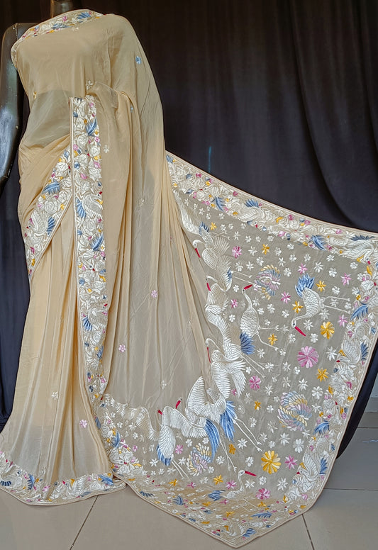 Champagne Pure Crepe Saree with Parsi Gara Hand Embroidery